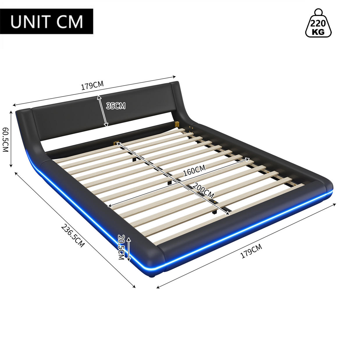 FLACHBETT 160/200 cm Schwarz mit LED-Umgebungslicht aus PU - Schwarz, Kunststoff (160/200cm) - OKWISH