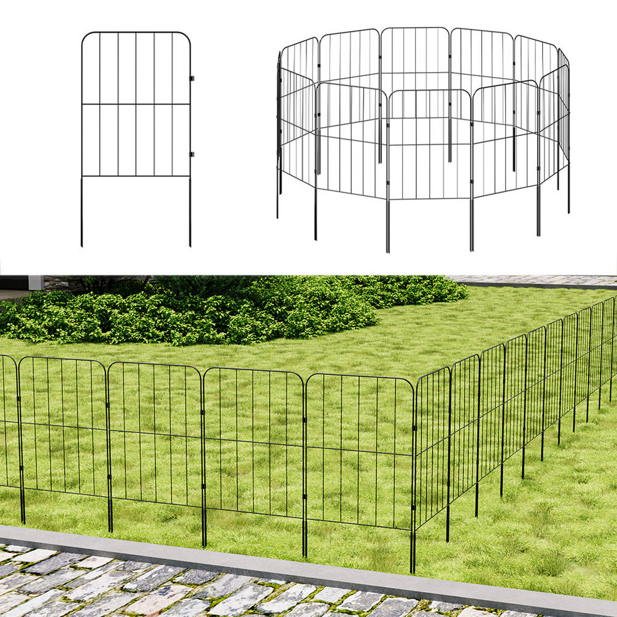 GARTENZAUN 25 Stück aus Metall in Schwarz Abnehmbares Design Robuste Metallkonstruktion je Paneel: 31 cm B × 61 cm H - Schwarz, Metall (31cm) - Livingandhome