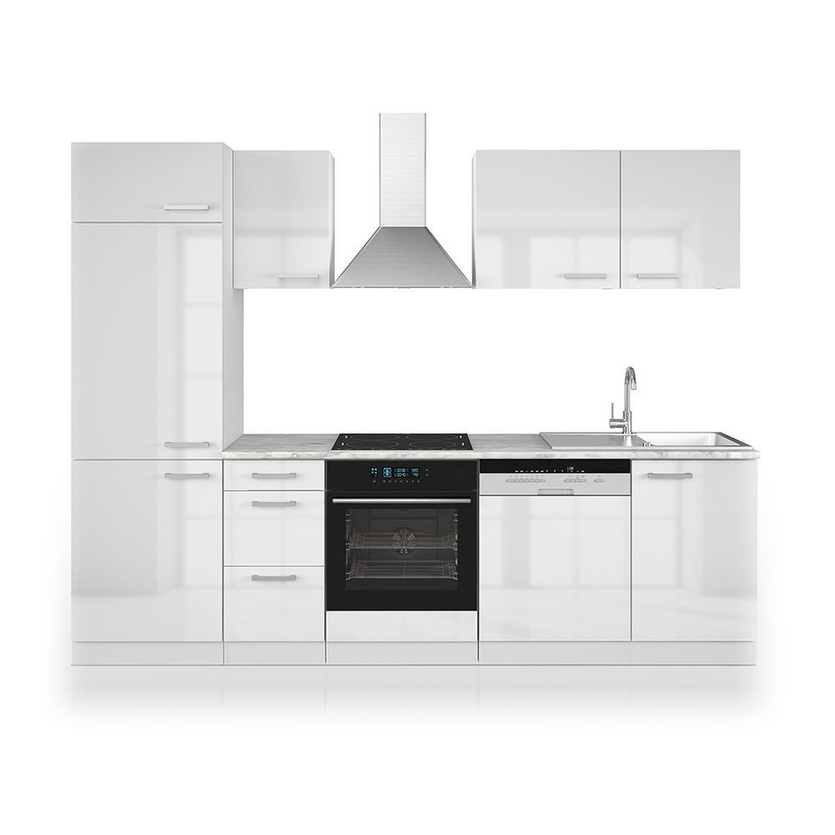 KÜCHENZEILE Optima Weiß 270 cm ohne AP mit LED-Leisten - Weiß Hochglanz/Weiß, Holzwerkstoff (270/81.6/46cm) - Vicco