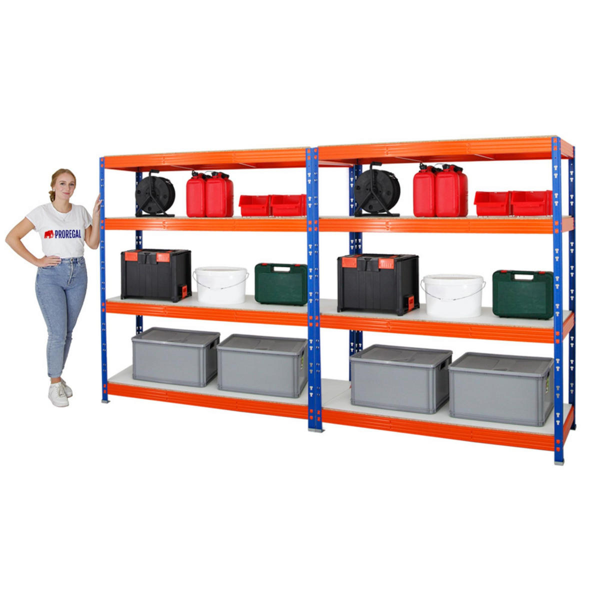 SCHWERLASTREGAL Rhino 2er-Set mit 2x 180x160x60 cm 4 Melamin-Ebenen 16mm Fachlast 500 kg Blau-Orange - Orange, Metall (320/180/60cm) - PROREGAL