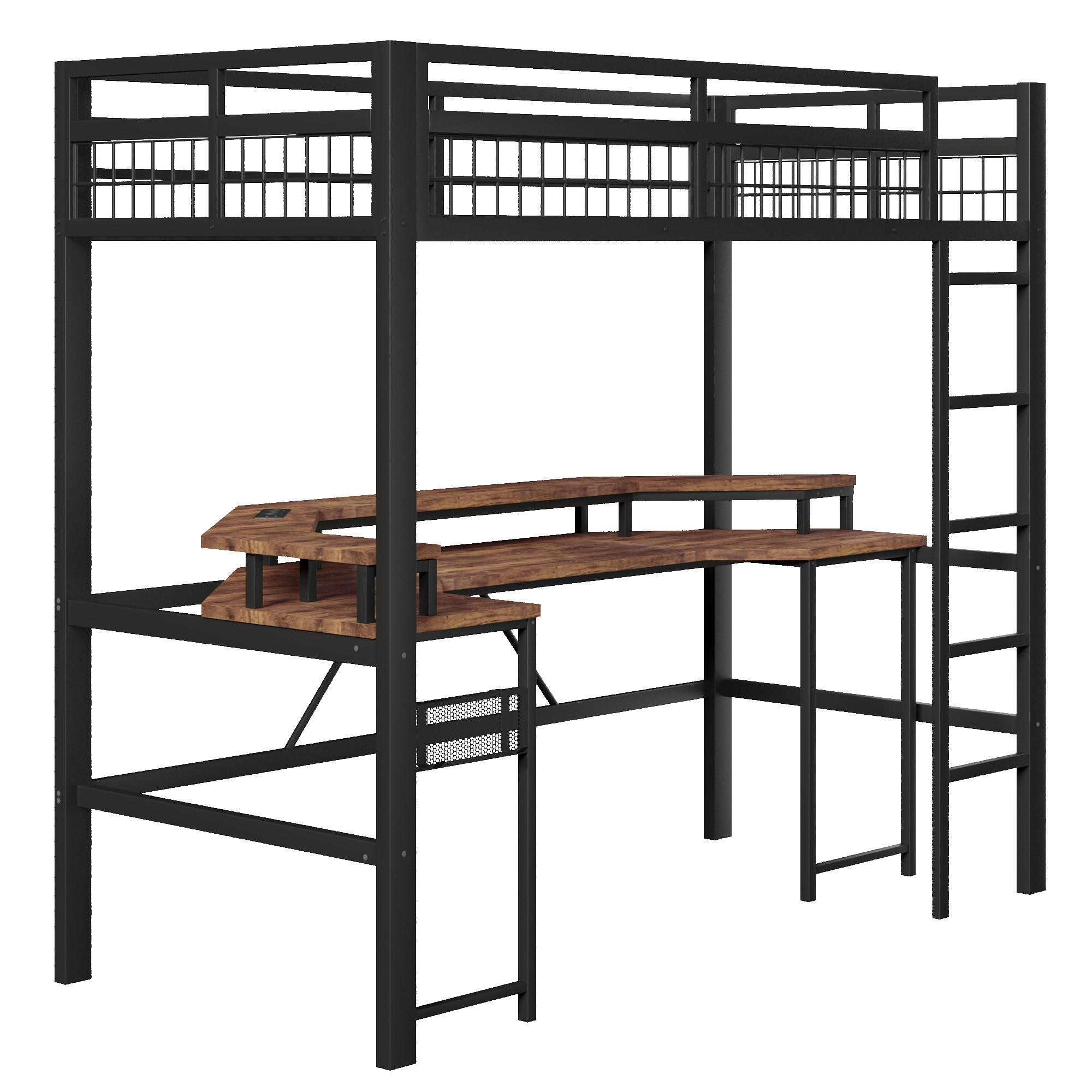 STILVORA HOCHBETT 90/200 cm in Schwarz mit Schreibtisch, LED und USB/Type-C Metallbett