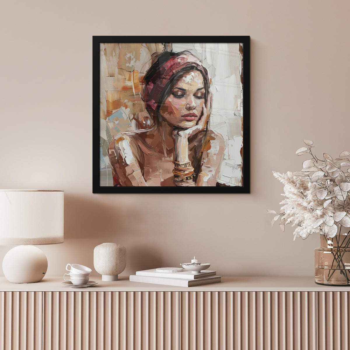 POSTER MIT RAHMEN Frau - Lackierung - Porträt - Modern 40x40 cm - Altrosa, Papier (40/40cm) - MuchoWow