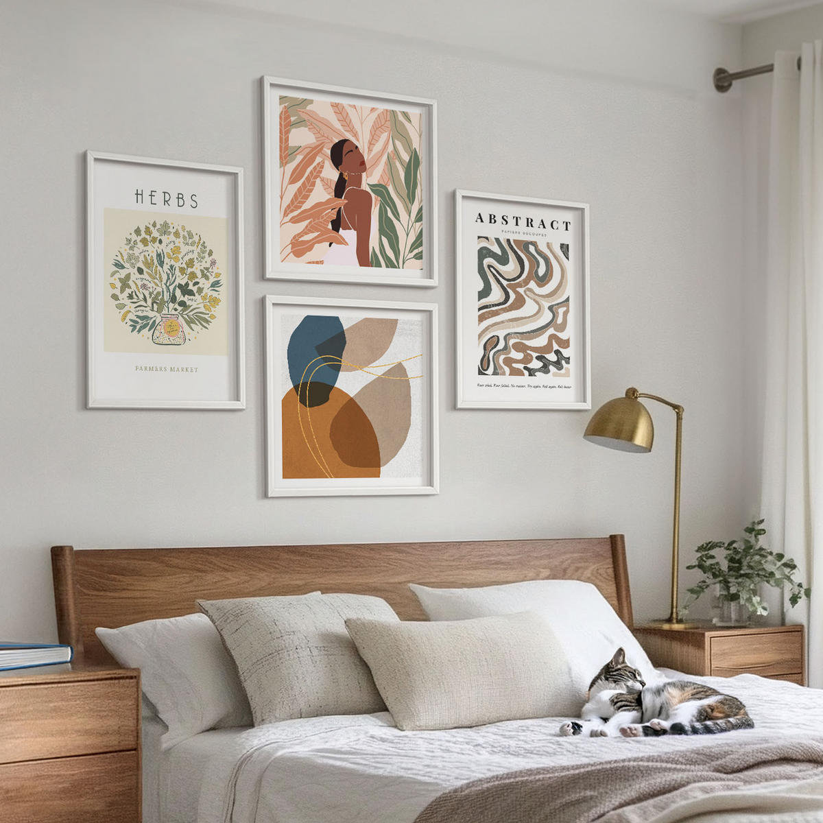 BILDER SET 4er Set - 50x50 cm & 40x60 cm Weißer Rahmen - Boho-Ästhetik, Pastellposter - Weiß, Kunststoff (50/50cm) - TULUP
