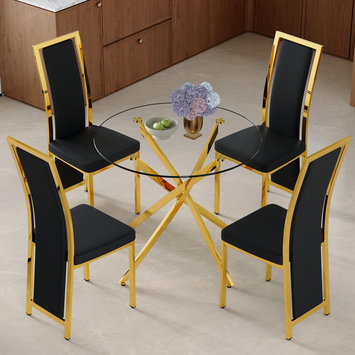 ESSGRUPPE DE-39460 5-teilig, Glastisch und 4 Stühlen mit Goldkante Schwarz - Goldfarben/Schwarz, Metall (88/75/88cm) - ComfortXL