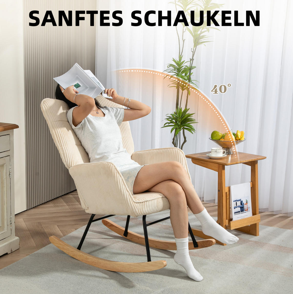 SCHAUKELSTUHL 71/98/101 cm mit hoher Rückenlehne und Kordbezug in Beige - Beige, Holz (98/101/71cm) - BEAOK
