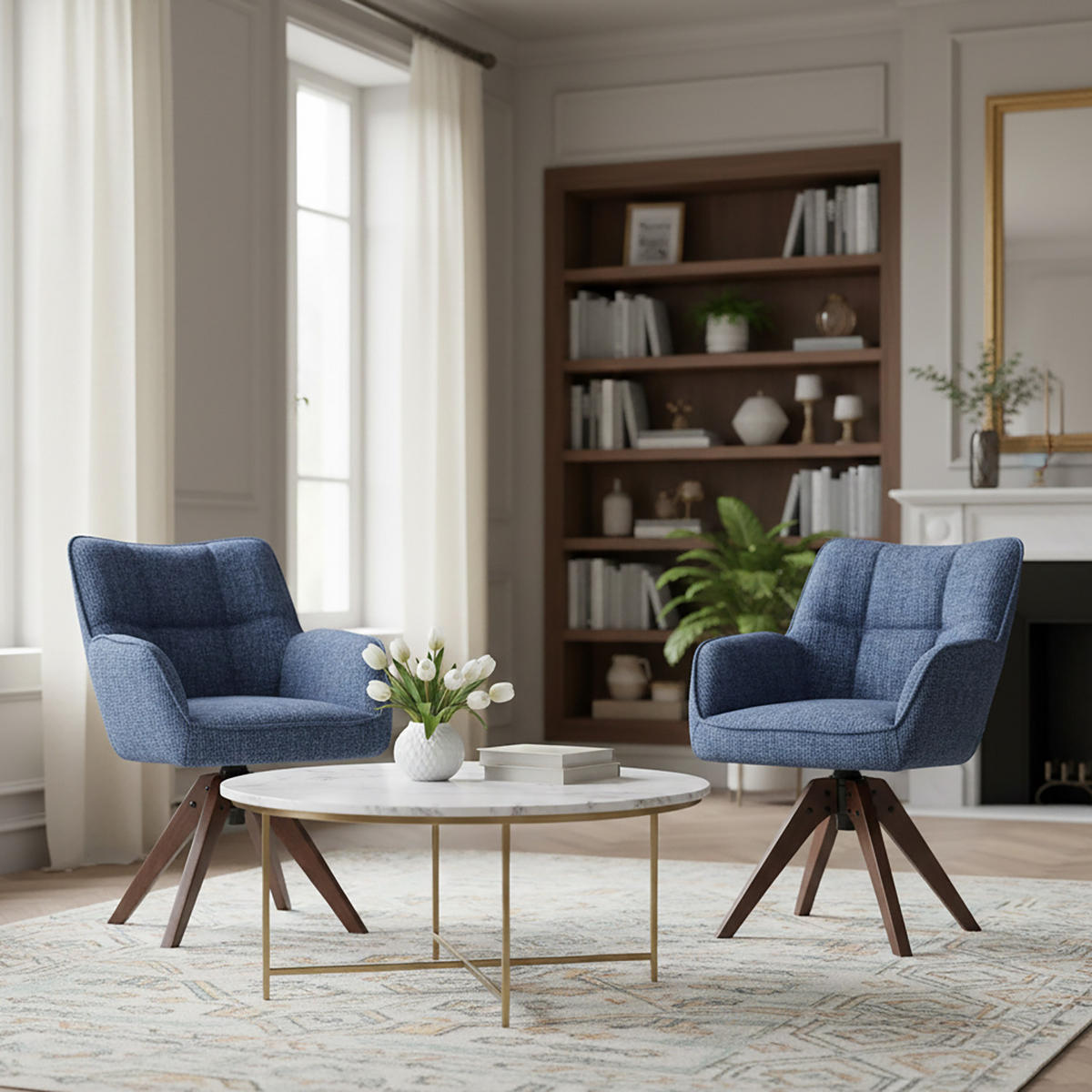 DREHSTUHL Mika-Theo 2er-Set - Blau/Nussbaumfarben, Eichenholz/Holz (59/84/66cm) - DUBI Möbel