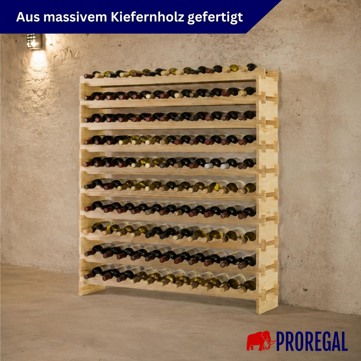 WEINREGAL NAVARRA aus Holz 135x123x28cm 120 Flaschen auf 10 Ebenen Natur unbehandelt - Naturfarben, Holz (123/135/28cm) - PROREGAL
