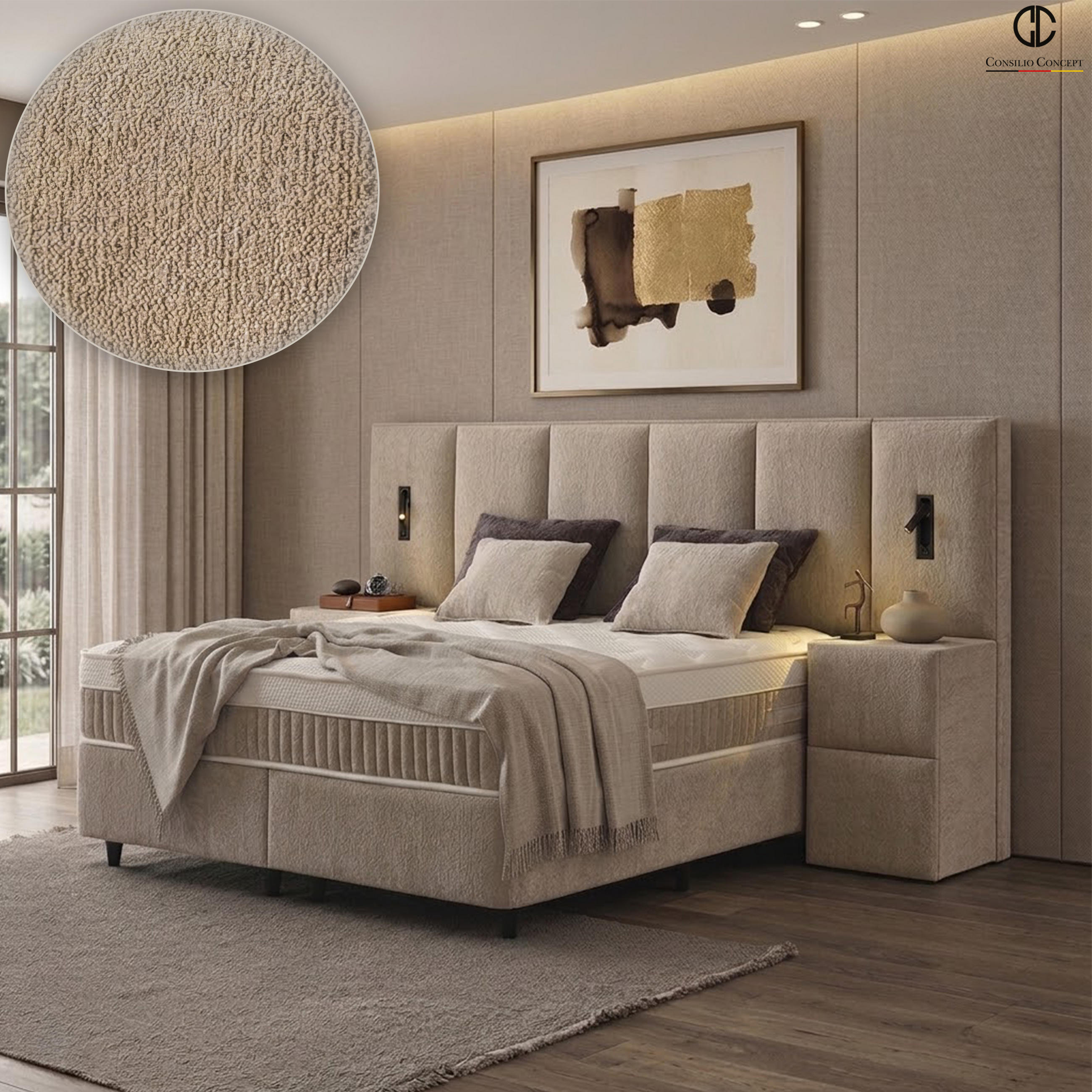 BOXSPRINGBETT MIT BETTKASTEN DAVIS 180/200 cm, Helltaupe, mit Leuchten, Bettkasten, Matratze, Topper integriert, H3 mittel - Taupe/Schwarz, Holz/Kunststoff (180/200cm) - Consilio Concept