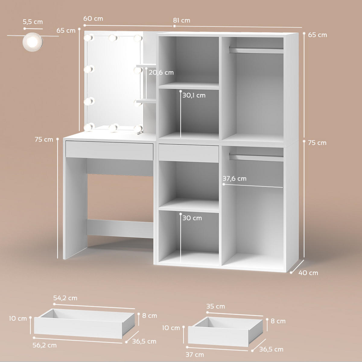 SCHMINKTISCH Nola Weiß 140 cm mit LED Beleuchtung und Schränken - Weiß, Holzwerkstoff (140/140/40cm) - Livinity®