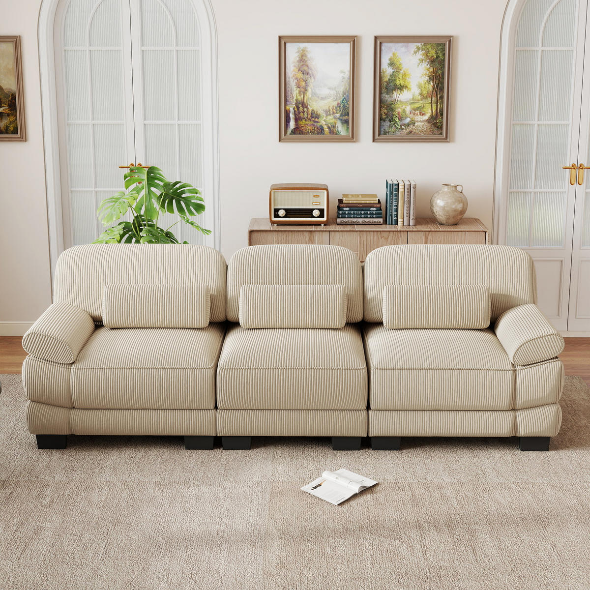 3-SITZER-SOFA mit Lendenkissen, Cordbezug, DE-42659, Beige - Beige, Holz (265/94/88.5cm) - ComfortXL