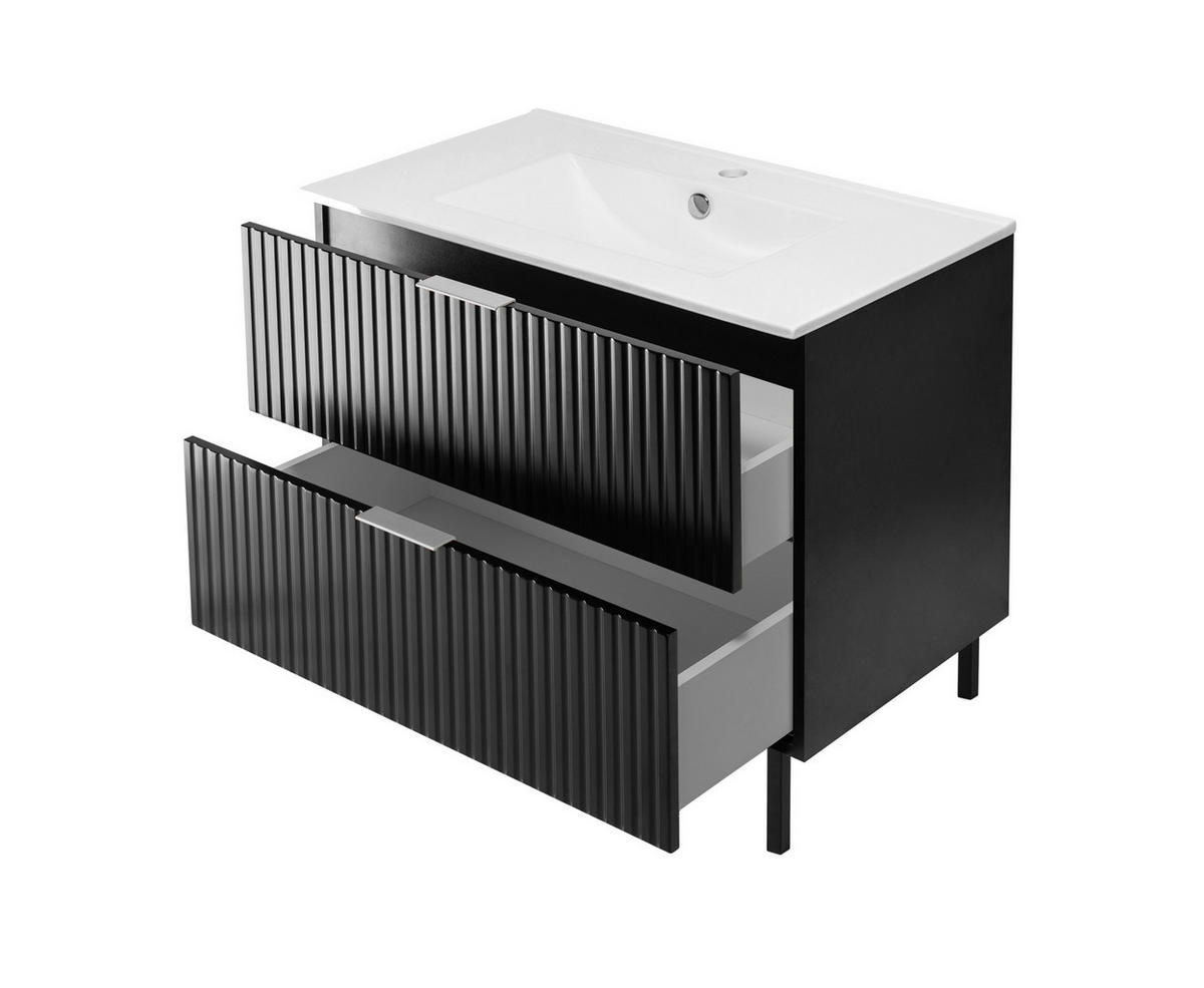 WASCHBECKUNTERSCHRANK, Schwarz, 80 x 77 x 46 cm, silberner Griff, schwarze Beine, ohne Arbeitsplatte - Silberfarben/Schwarz, Holzwerkstoff (80/77/46cm) - 3XE LIVING