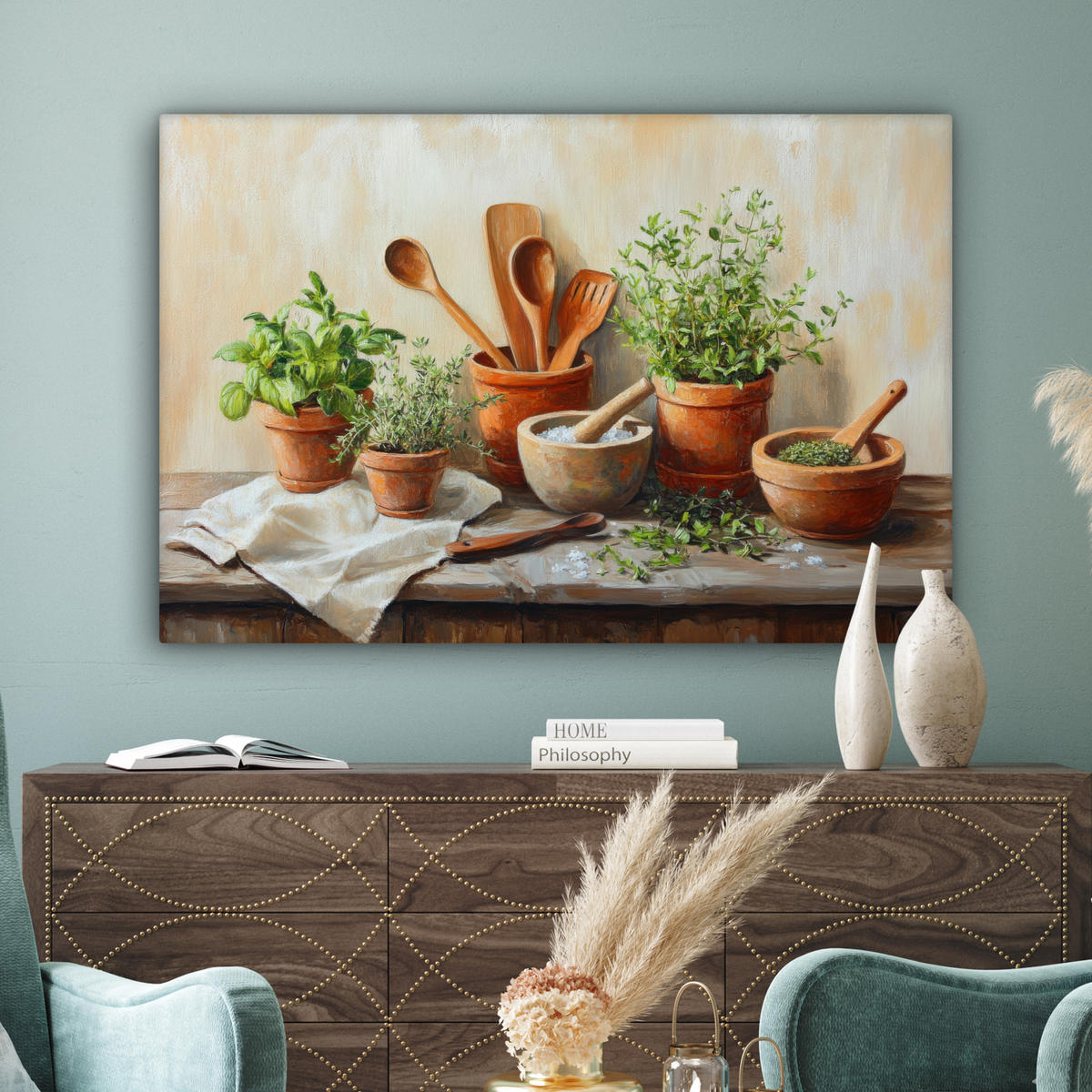 LEINWANDBILD Töpfe - Kräuter - Holz Wohnzimmer 120x80 cm - Terracotta, Textil (120/80cm) - MuchoWow