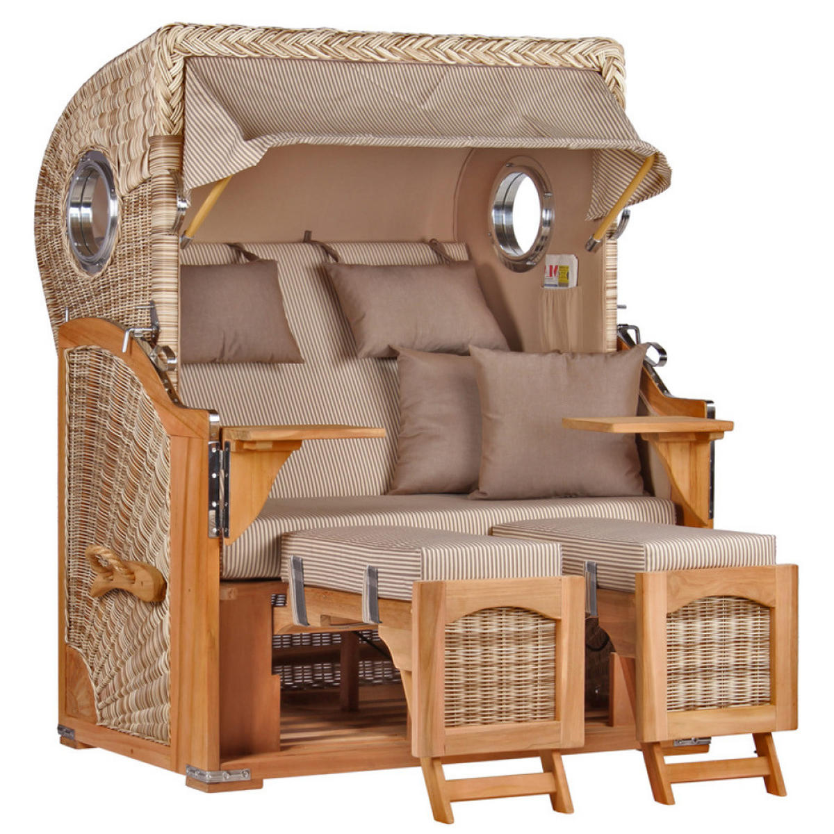 STRANDKORB Düne 2-Sitzer Teak Shell Bullauge - Taupe/Braun, Holz/Metall (125/170/80cm) - Mr. Deko