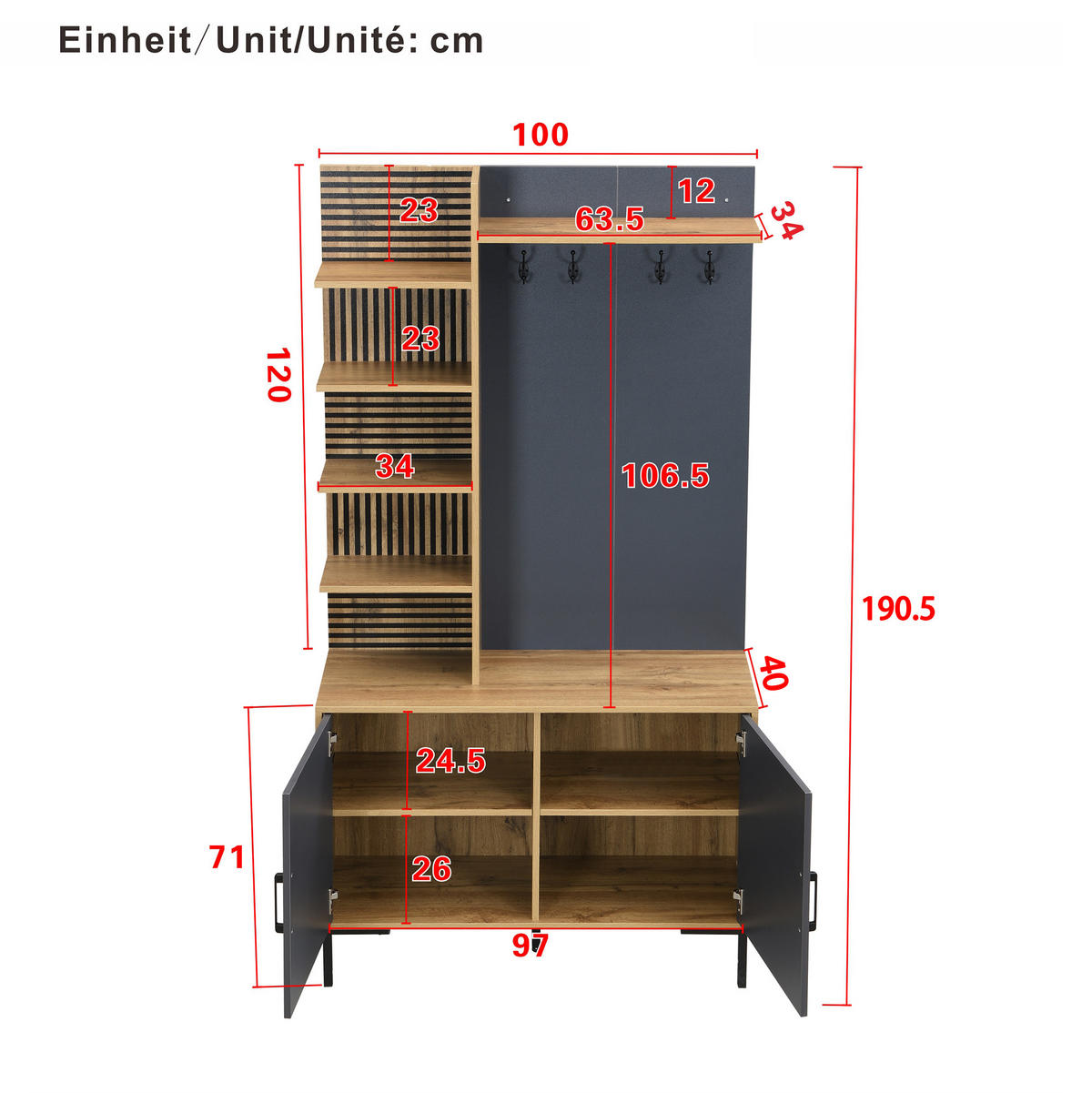 KLEIDERSCHRANK Schuhfach Regale Haken verstellbar modern - Naturfarben, Holzwerkstoff (40/190.05/100cm) - FLIEKS
