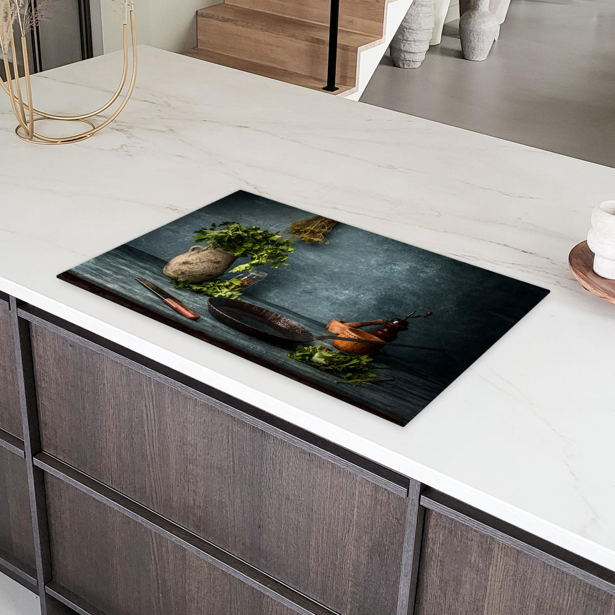 HERDABDECKPLATTE Kräuter - Gewürze - Pfanne - Messer - Grau - Rustikal Induktionsmatte 83x51 cm - Petrol, Kunststoff (83/51.5/0.2cm) - MuchoWow