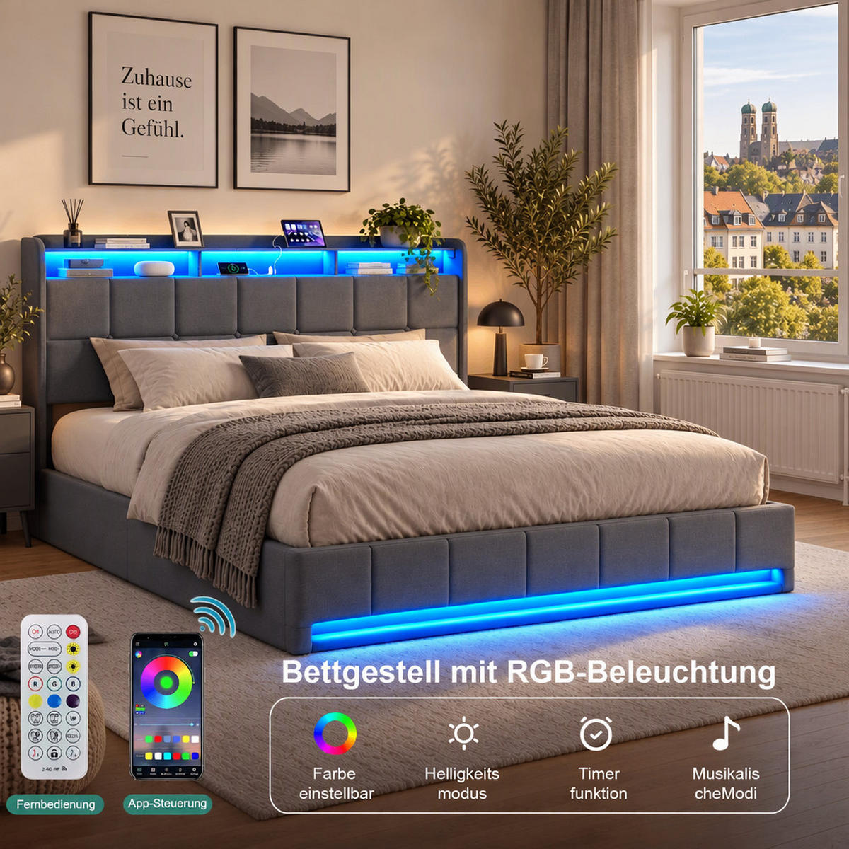POLSTERBETT 160/200 cm,Doppelbett mit Stauraum, LED & USB,Grau - Naturfarben/Grau, Holz/Textil (160/200cm) - FURNISHINGS HOME