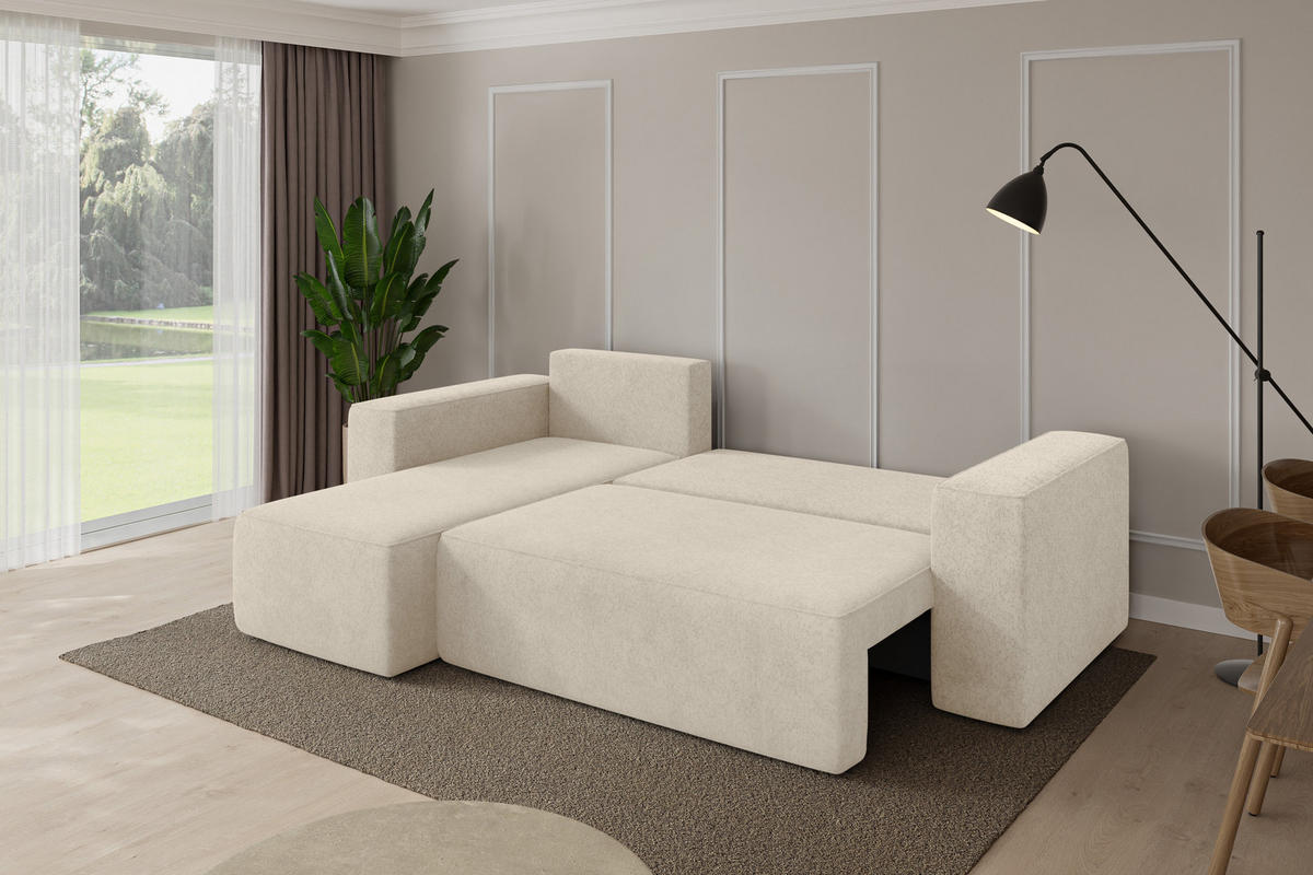 ROHOVÁ SEDAČKA s funkcí spaní, otoman vlevo SENO-L 249x139x85 krémová velur - černá/krémová, kompozitní dřevo/textil (249/139cm) - ALTDECOR