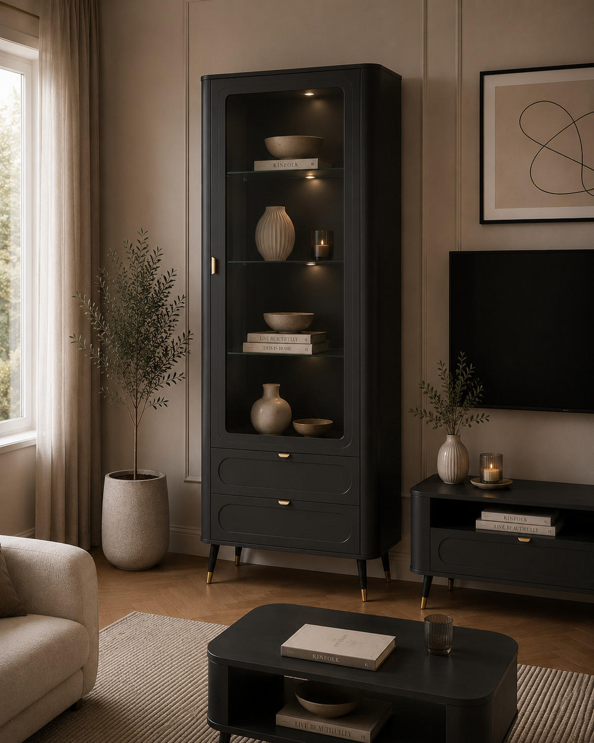 VITRINE mit 2 Schubladen, Schwarz, 78,4 x 40 x 192,4 cm - Schwarz, Holzwerkstoff (78.4/192.4/40cm) - 3XE LIVING
