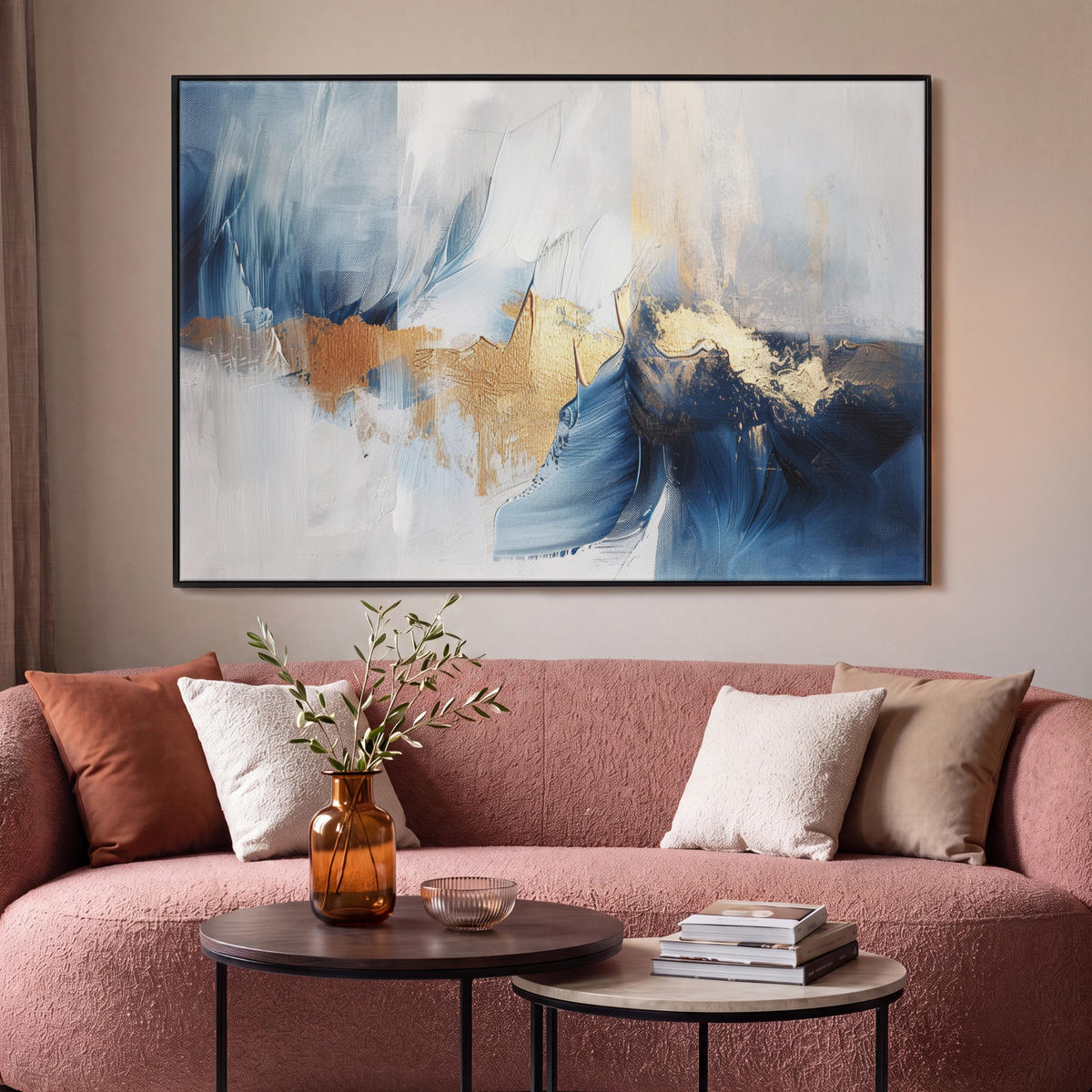 LEINWAND Bilder mit Rahmen - Gold - Blau - Aquarell - Kunst - Modern - 120x80 - Hellblau, Textil (120/80cm) - MuchoWow