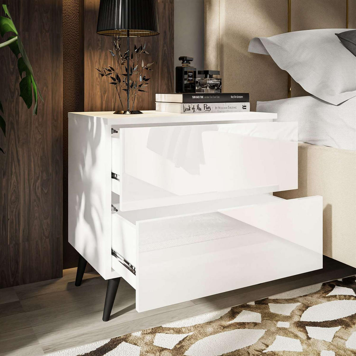 NACHTTISCH AURA PUSH OPEN mit schwarzen Beinen - Weiß, Holzwerkstoff (55/54/37cm) - Lookway