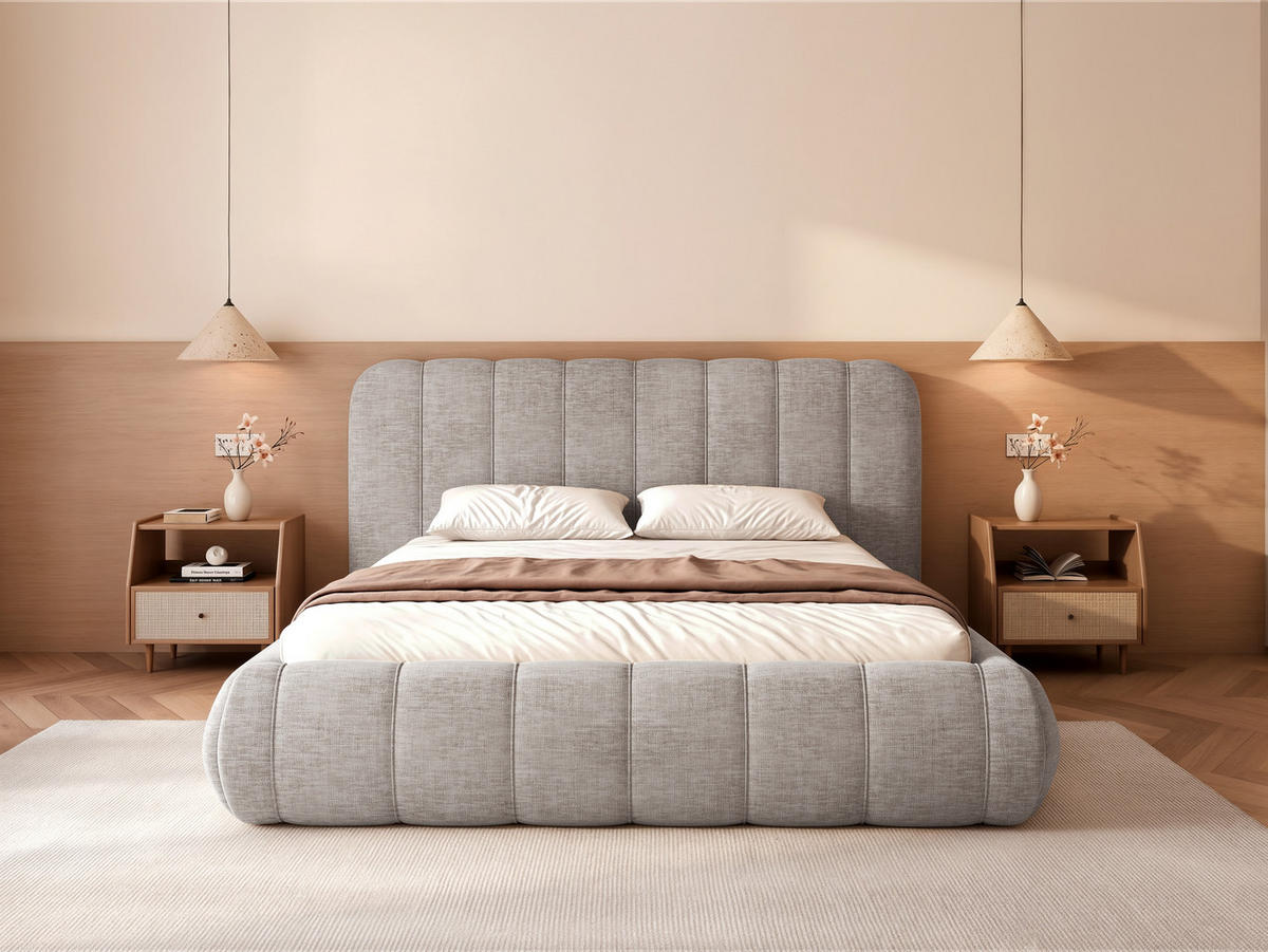 POLSTERBETT Gallo 160x200 cm Hellgrau Chenille – (Doppelbett mit Bettkasten, Lattenrost, voluminöses Kopfteil) - Hellgrau, Holz/Holzwerkstoff (160/200cm) - Ravio