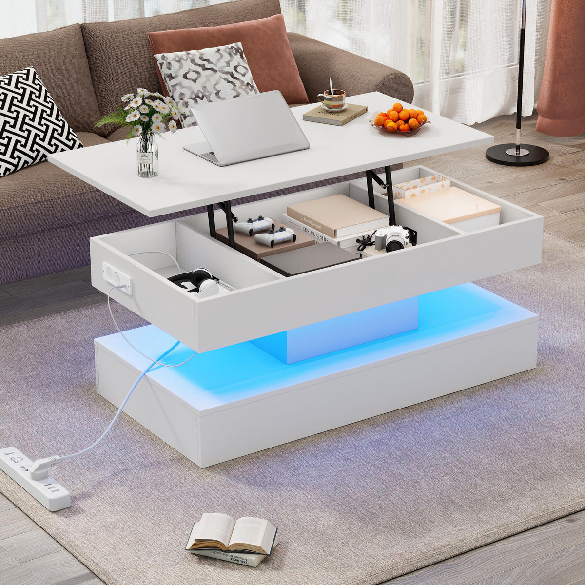 COUCHTISCH, höhenverstellbar mit LED, verstecktem Stauraum und integrierten EU‑Steckdosen, 100/50/42 cm, weiß - Weiß, Holzwerkstoff (100/50/42cm) - Redom