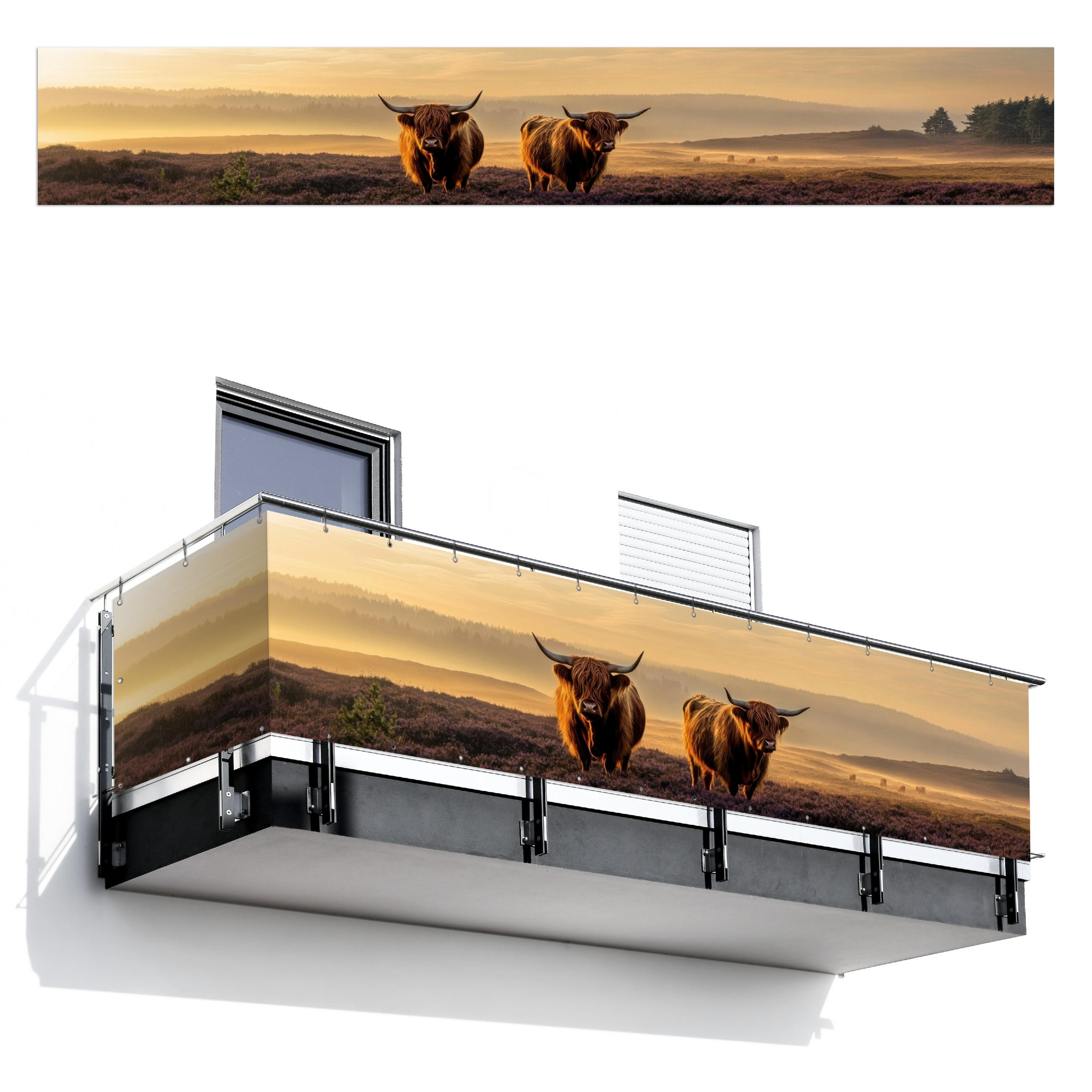BALKON-SICHTSCHUTZ Schottische Hochlandbewohner - Heide - Landschaft - Tiere - Cognac, Kunststoff (500/80cm) - MuchoWow