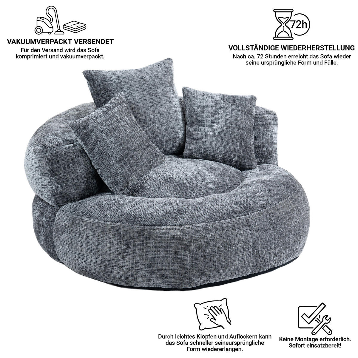 SITZSACK Grau mit Armlehnen, Chenille - Grau, Textil (108/52/108cm) - CHICFURN