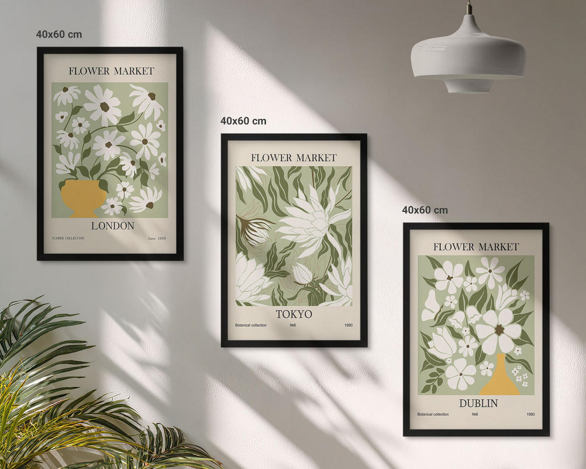 WANDBILDER 3er-Set - 40x60 cm Schwarzer Rahmen - Blumenmuster London Tokio Dublin - Schwarz, Kunststoff (40/60cm) - ArtPrintCave