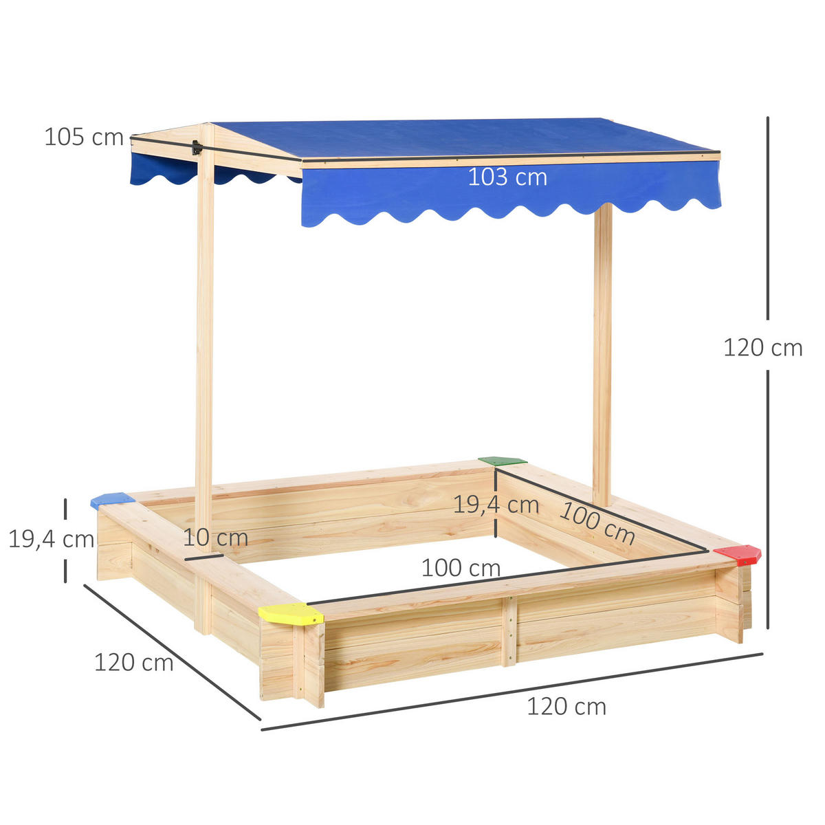 SANDKASTEN DE-18743 quadratisch mit verstellbarem Dach Naturholz - Blau, Holzwerkstoff (120/120/120cm) - ComfortXL