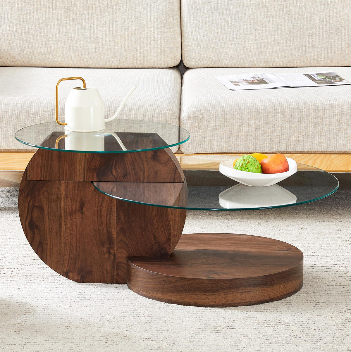 COUCHTISCH 70/50 cm Transparent/Walnuss aus MDF und Glas mit mehrstufiger Ablage - Walnussfarben, Holzwerkstoff (90/70/44cm) - OKMYHOME