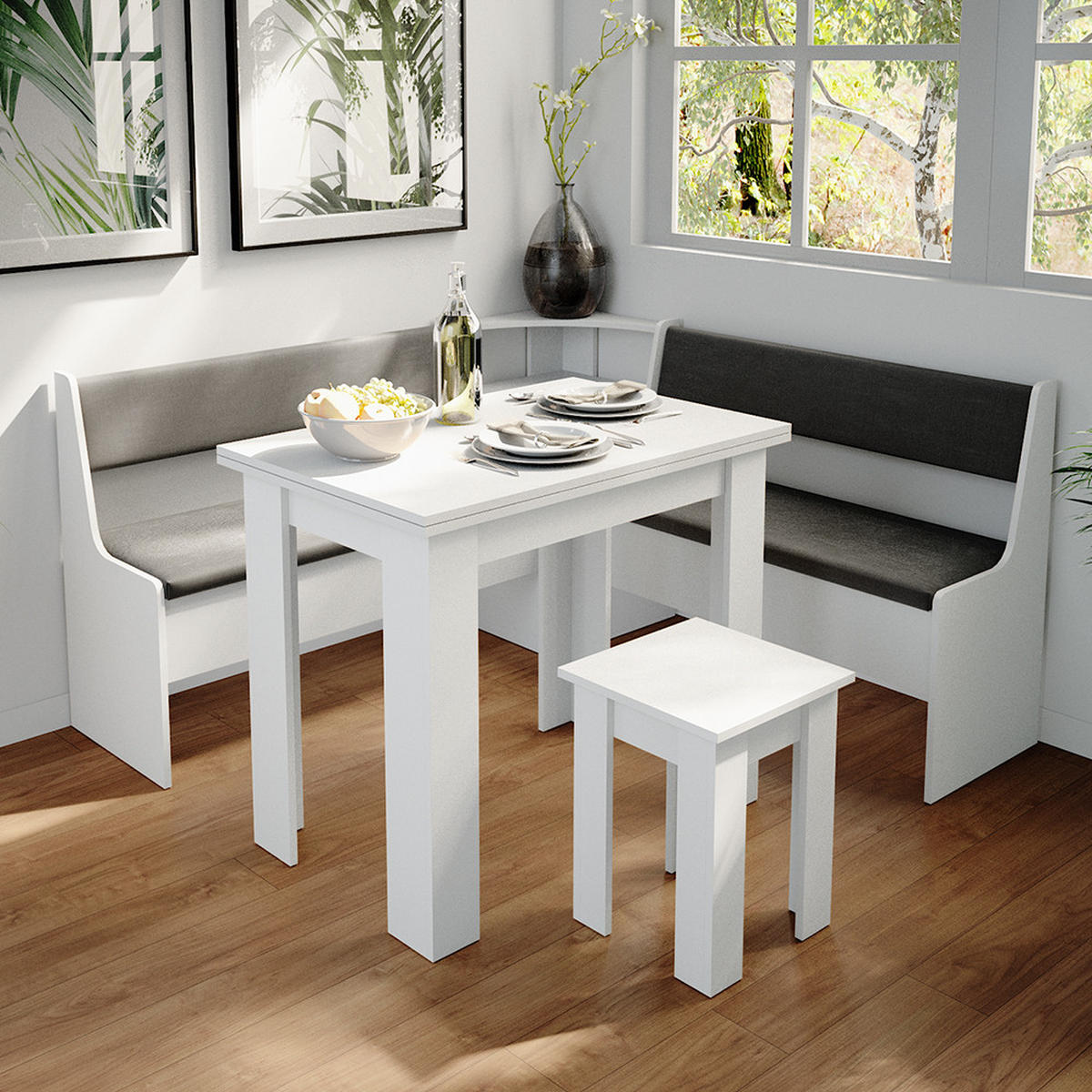 ECKBANKGRUPPE Roman Weiß 150 x 41.5 cm mit Tisch - Anthrazit/Weiß, Holzwerkstoff (150/80/150cm) - Vicco