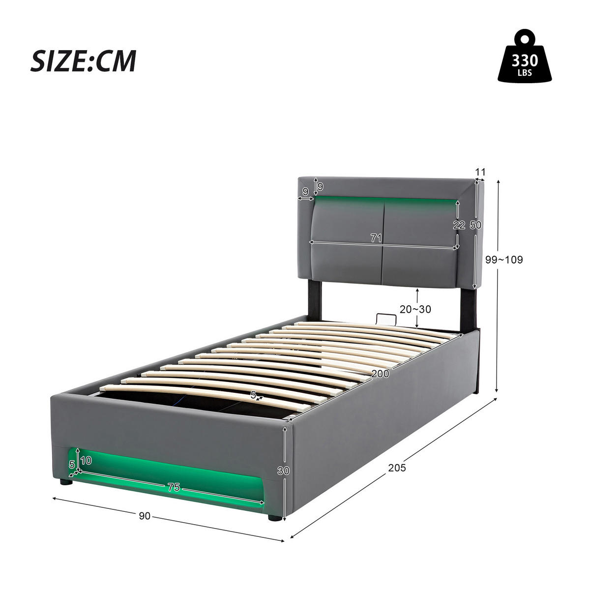 POLSTERBETT 90/200 cm Grau PU Litschi mit USB-Anschluss LED-Beleuchtung und Stauraum ohne Matratze - Grau, Kunststoff (90/200cm) - OKWISH