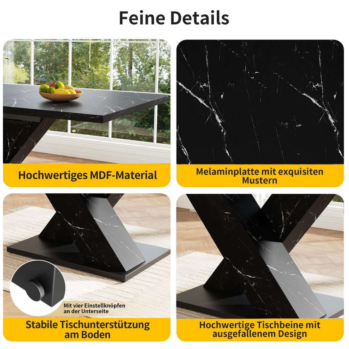 ESSTISCH aus MDF 119,5/159x80x75 cm Schwarz in Marmoroptik, ausziehbar mit X-Gestell - Schwarz, Holzwerkstoff (119/80/75cm) - Modfu