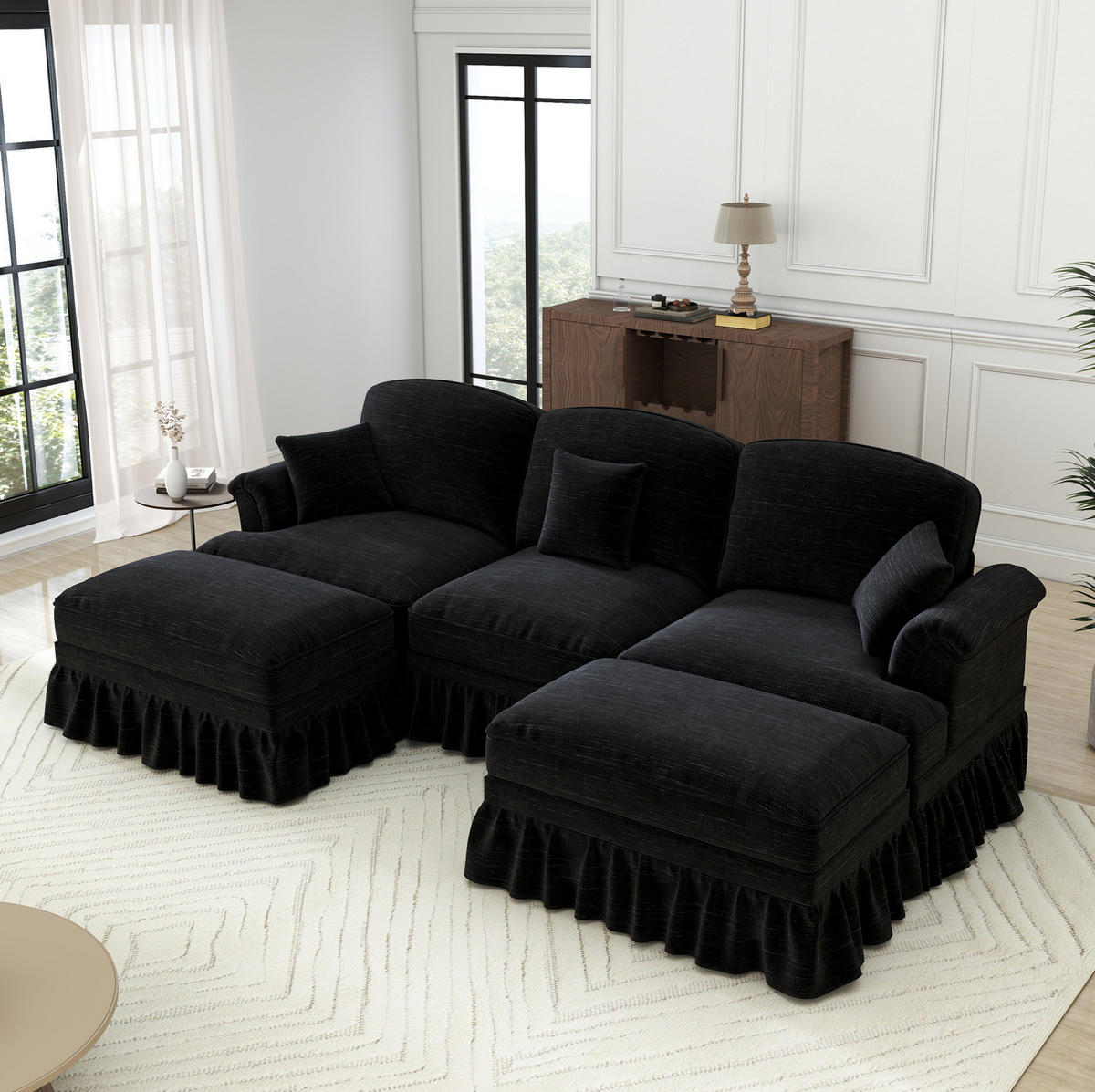 ECKSOFA 272/140/93 cm schwarz aus Chenille mit abnehmbarem Volant und beweglichem Hocker - Schwarz, Textil (140/272cm) - OKWISH