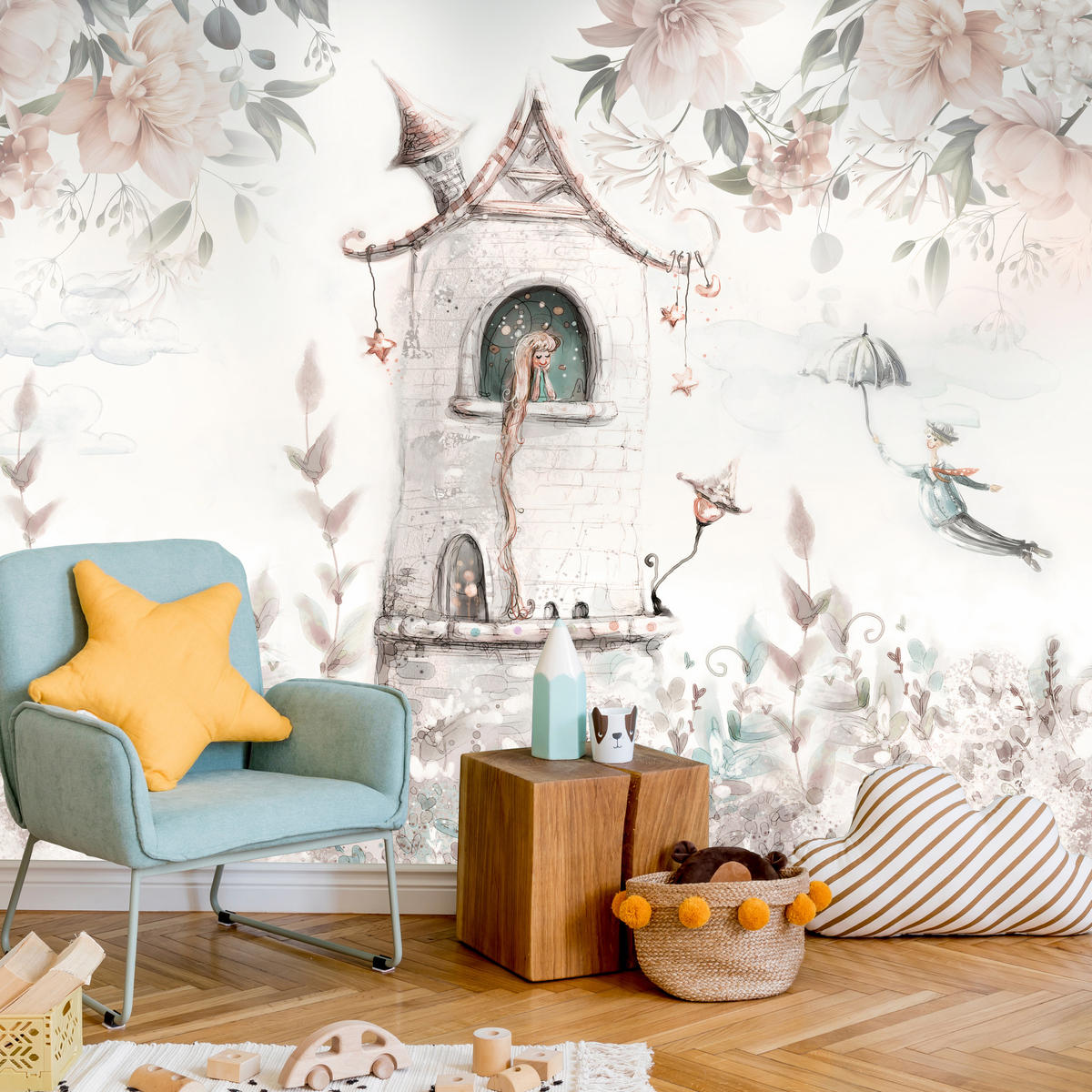 FOTOTAPETE für Kinderzimmer Prinzessin Turm Blumen Pflanzen 200x140 - Multicolor, Papier (200/140cm) - Muralo
