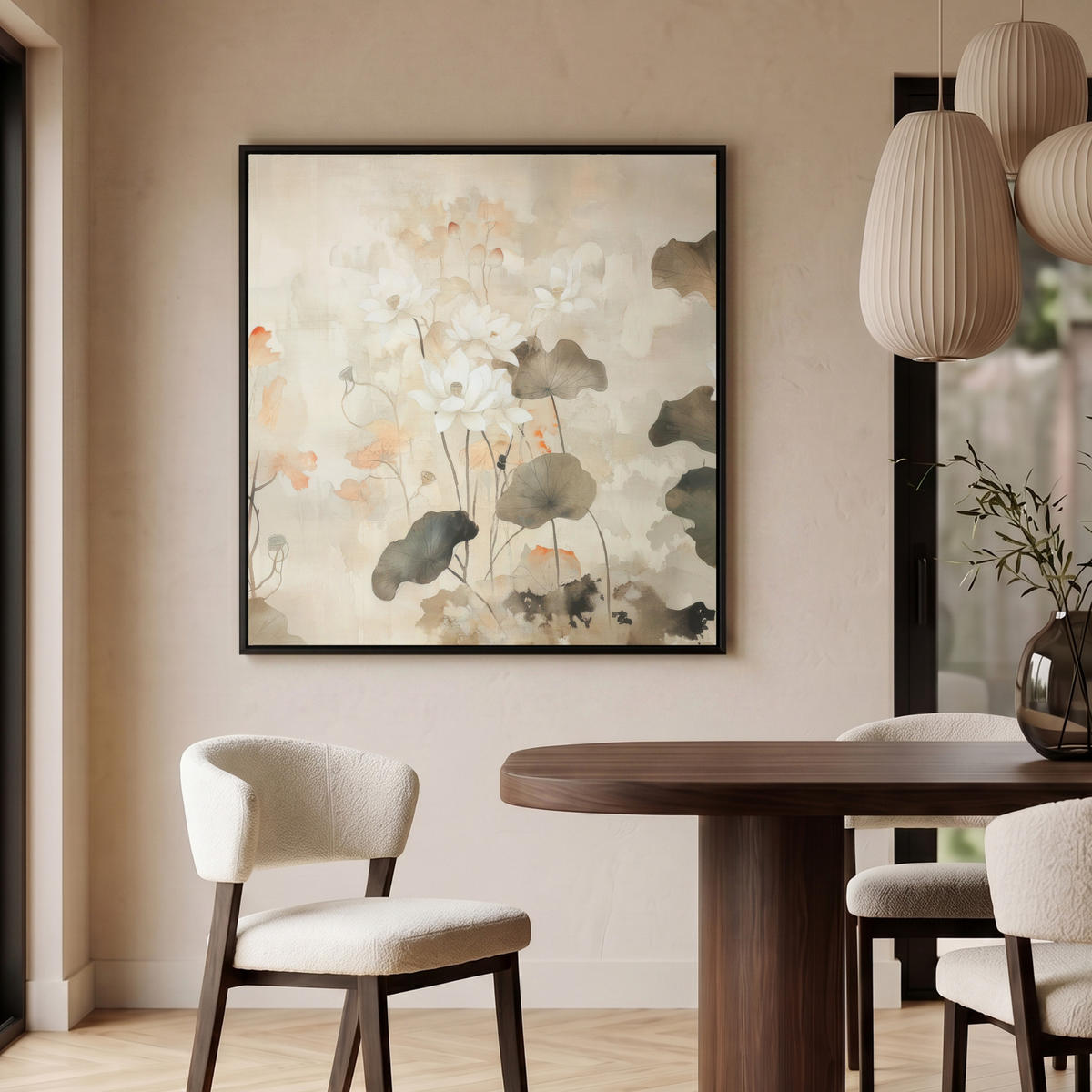 LEINWAND Bilder mit Rahmen - Blumen - Japandi - Wabi sabi - 90x90 - Sandfarben, Textil (90/90cm) - MuchoWow