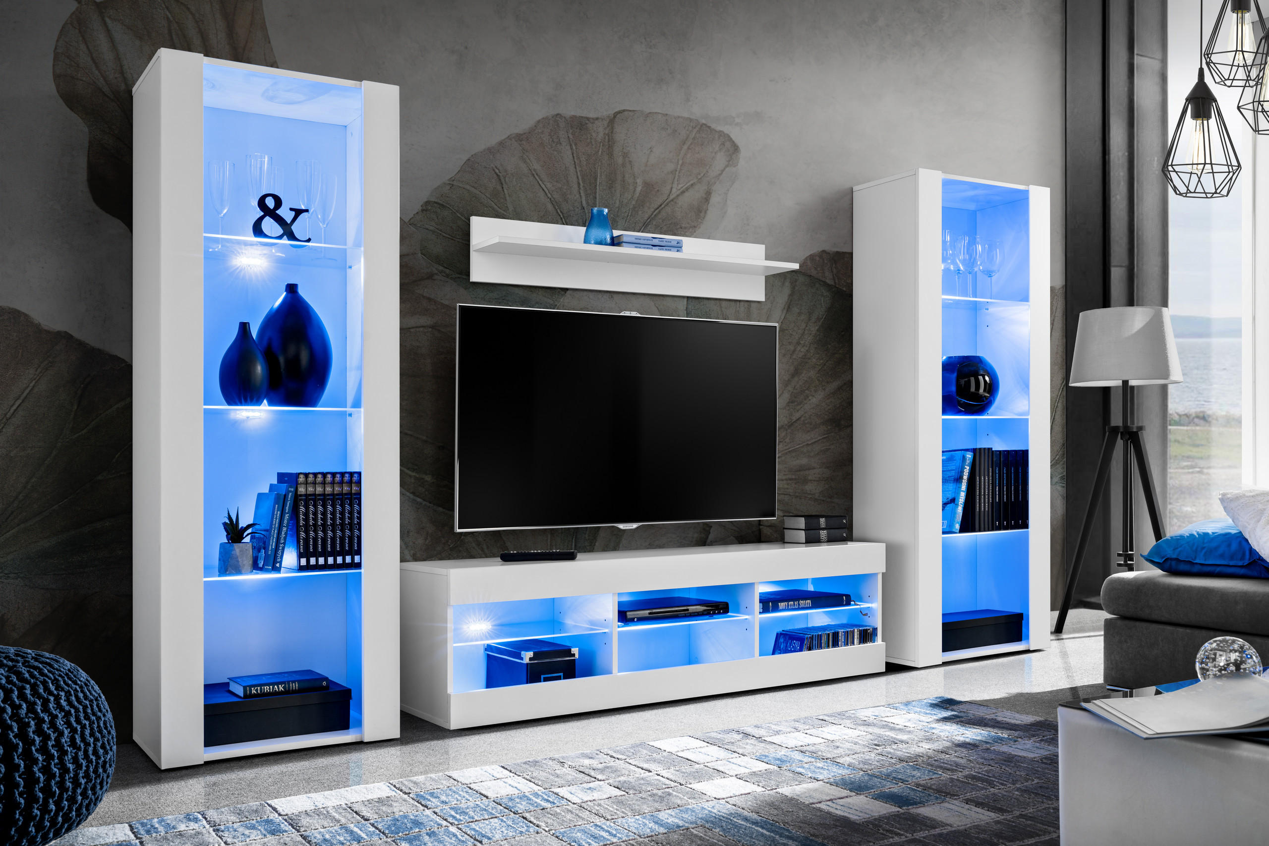WOHNZIMMERSET TIVOLI GRANDE, 4er-Set, Weiss, LED Blau - Weiß, Glas/Holzwerkstoff (250/159/35cm) - Komodee
