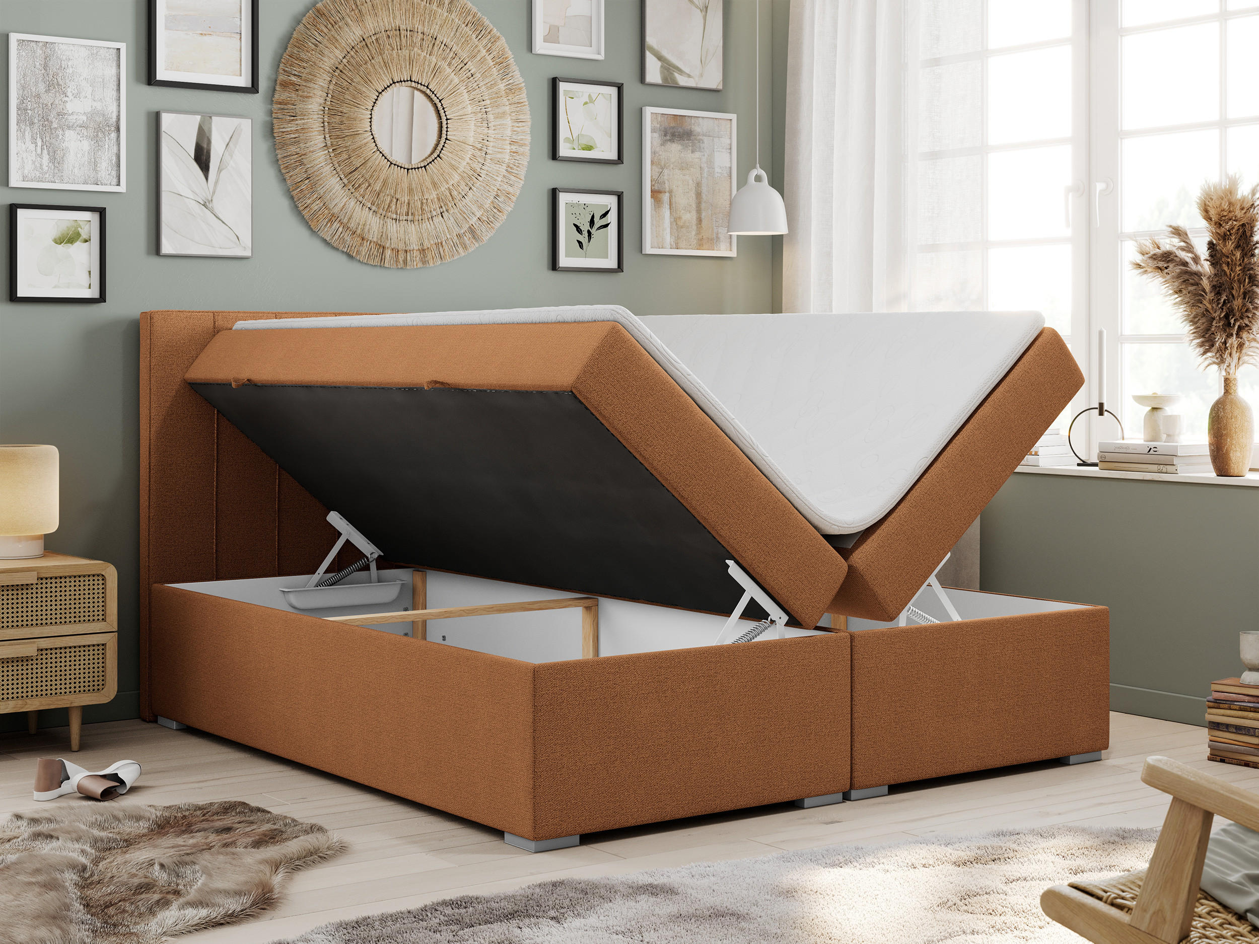 Thumbnail - MKS Boxbett, Orange, Textil, 2-Sitzer, H3, Rechteckig, 140x200 cm, Schlafzimmer, Betten, Boxspringbetten