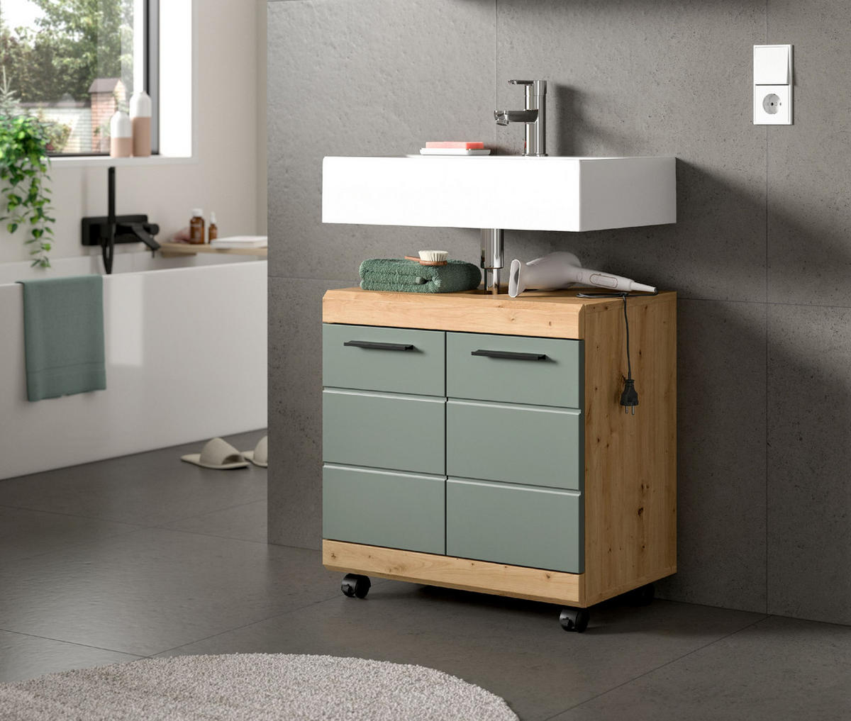 WASCHBECKENUNTERSCHRANK AUF ROLLEN Scout Salbei 60/34/60 cm - Eiche Artisan, Holzwerkstoff (60/60/34cm) - Xonox