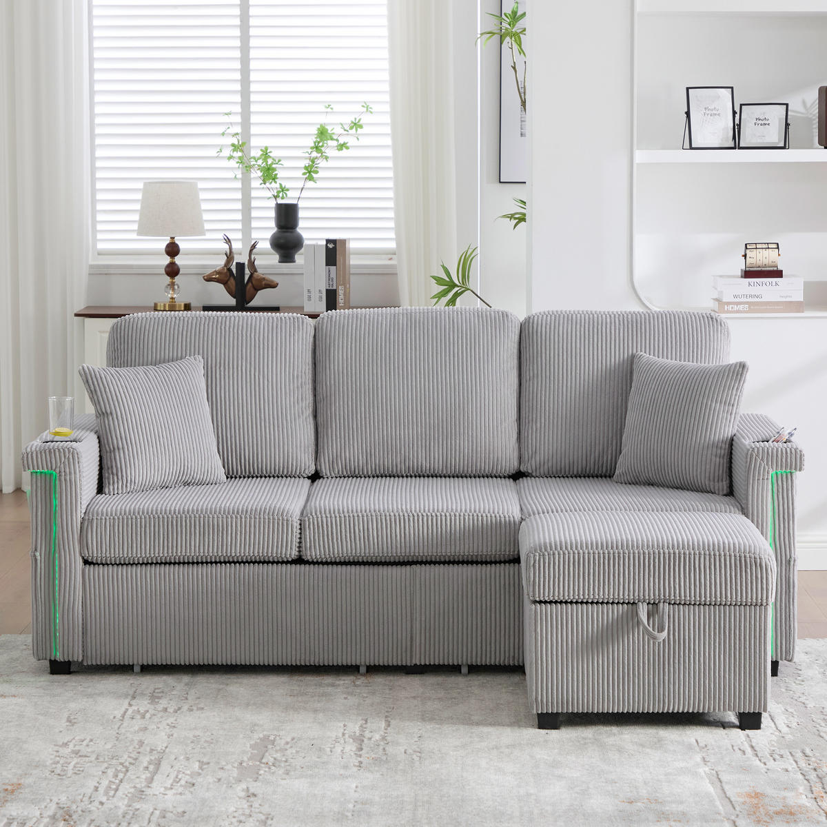 MODULARES Sofa Corduroy mit LED und USB-Anschluss Stauraum und Taschen 194/73/81 cm Hellgrau - Hellgrau, Textil (73/194cm) - Redom