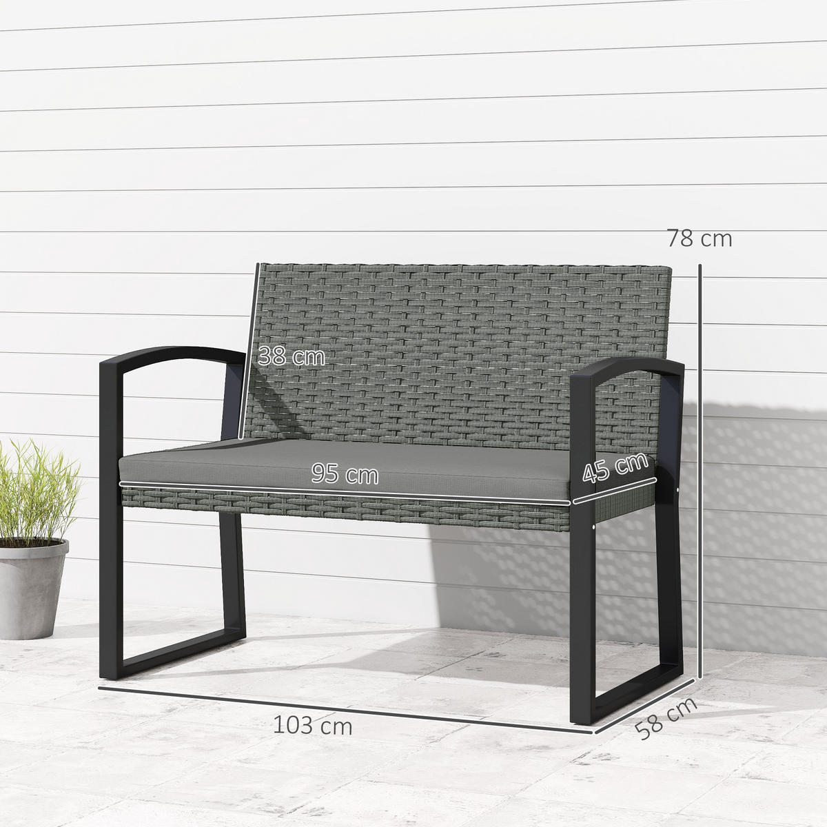 GARTENBANK 2-Sitzer DE-13681 mit Polsterkissen Grau & Schwarz - Grau, Kunststoff/Metall (103/78/58cm) - ComfortXL