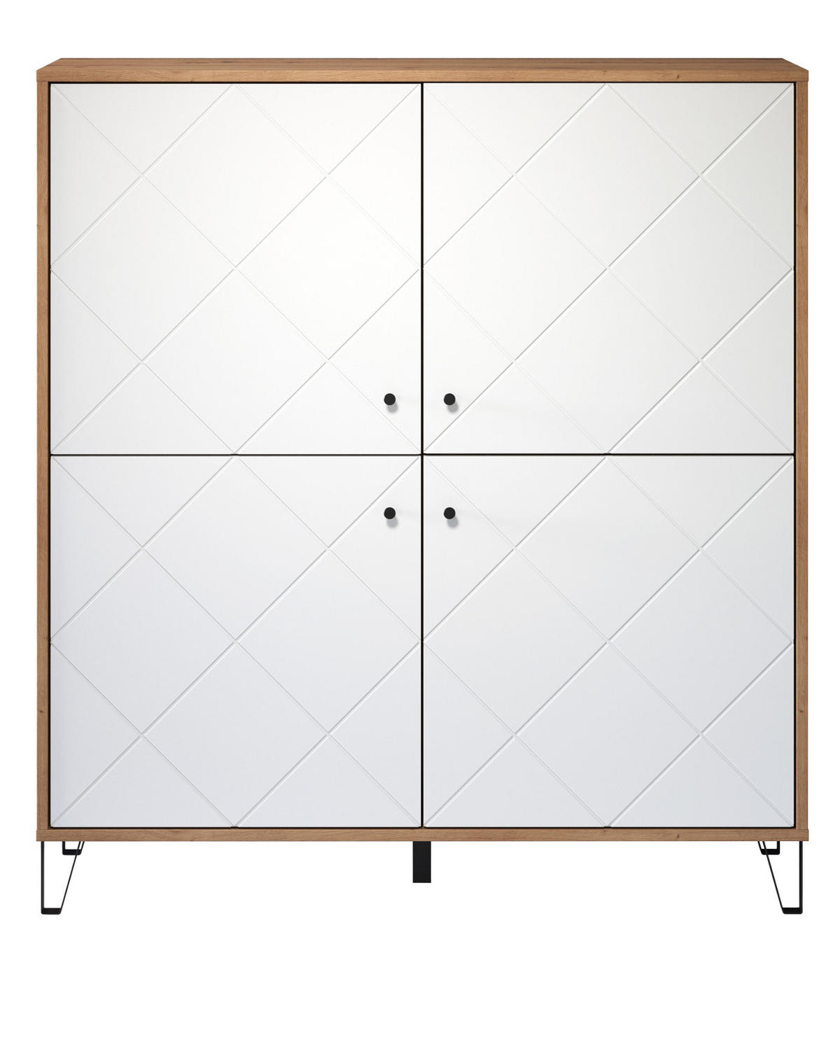 HIGHBOARD weiß matt mit Rautenoptik, Eiche Artisan 123 x 136 cm, Kommode mit Soft-Close - Eichefarben/Schwarz, Holzwerkstoff/Kunststoff (123/136/40cm) - Top.Furn