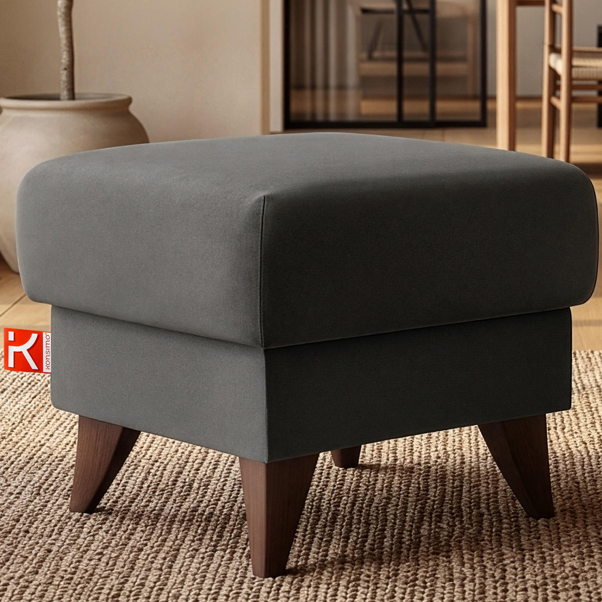 HOCKER GUSTAVO Fußstütze, Velours, Anthrazit - Anthrazit, Holz/Holzwerkstoff (53/49/53cm) - KONSIMO®