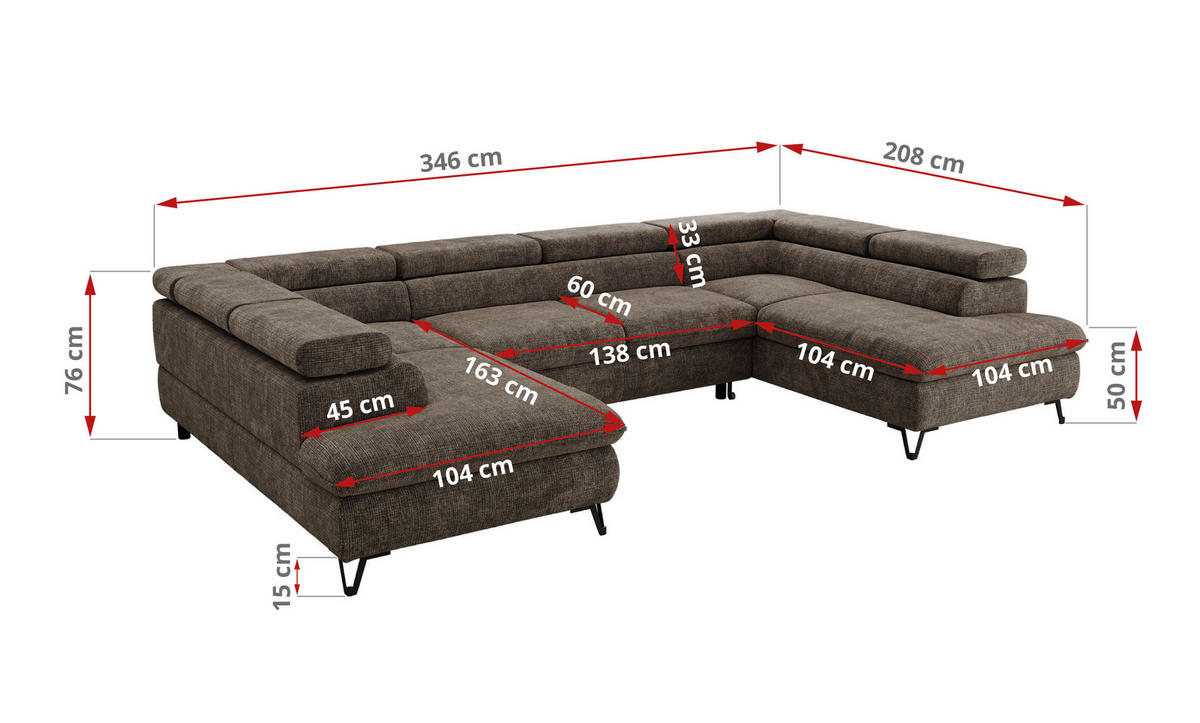 WOHNLANDSCHAFT PABLO U Schenille grob gewebt Braun mit Topper T25 - Schwarz/Braun, Textil/Metall (346/76/208cm) - MKS