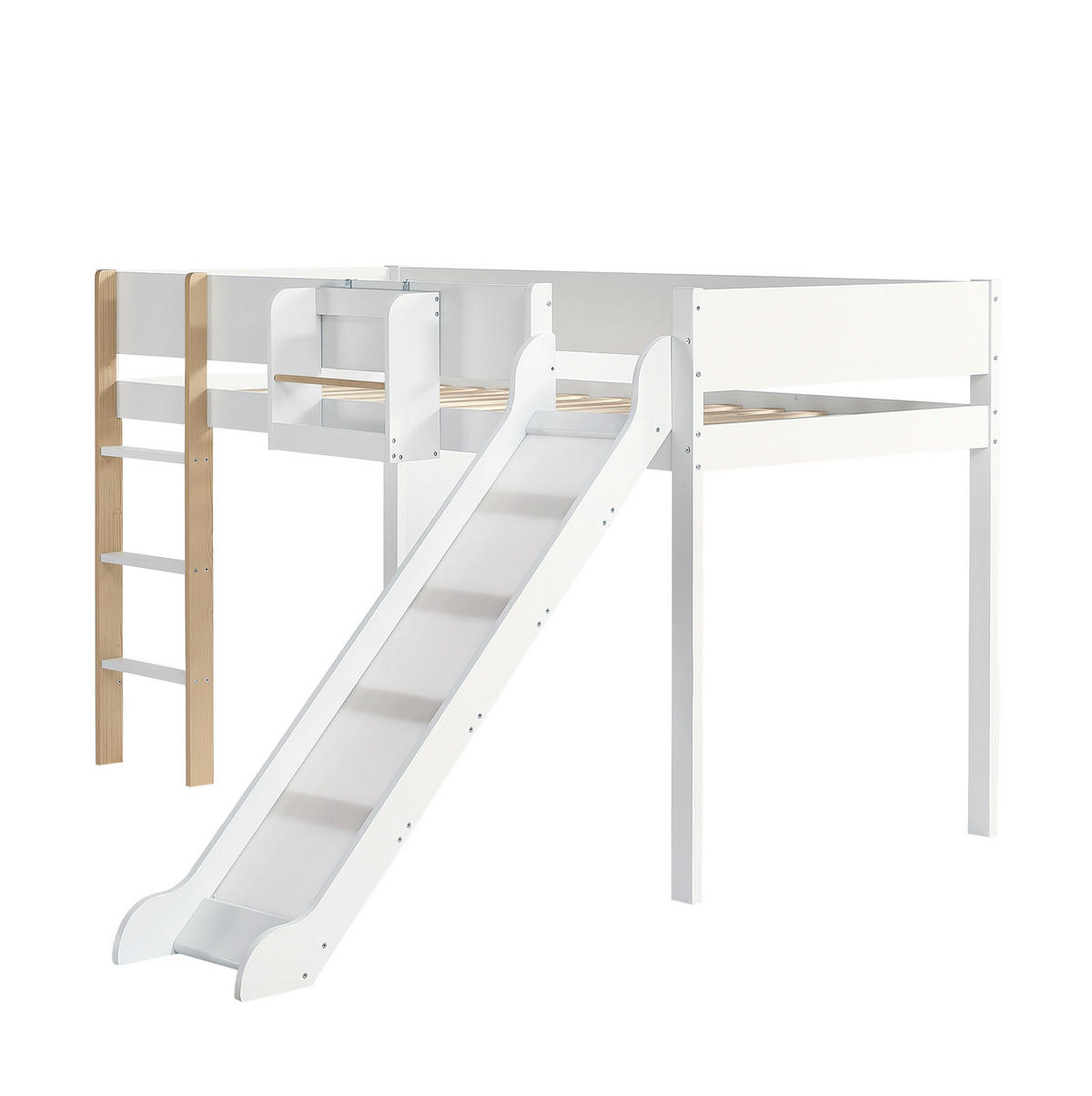 HOCHBETT aus Kiefer und MDF 90x200 cm Weiß/Natur mit Rutsche, gerader Leiter und abnehmbarem Regal - Weiß, Holzwerkstoff (90/200cm) - Modfu