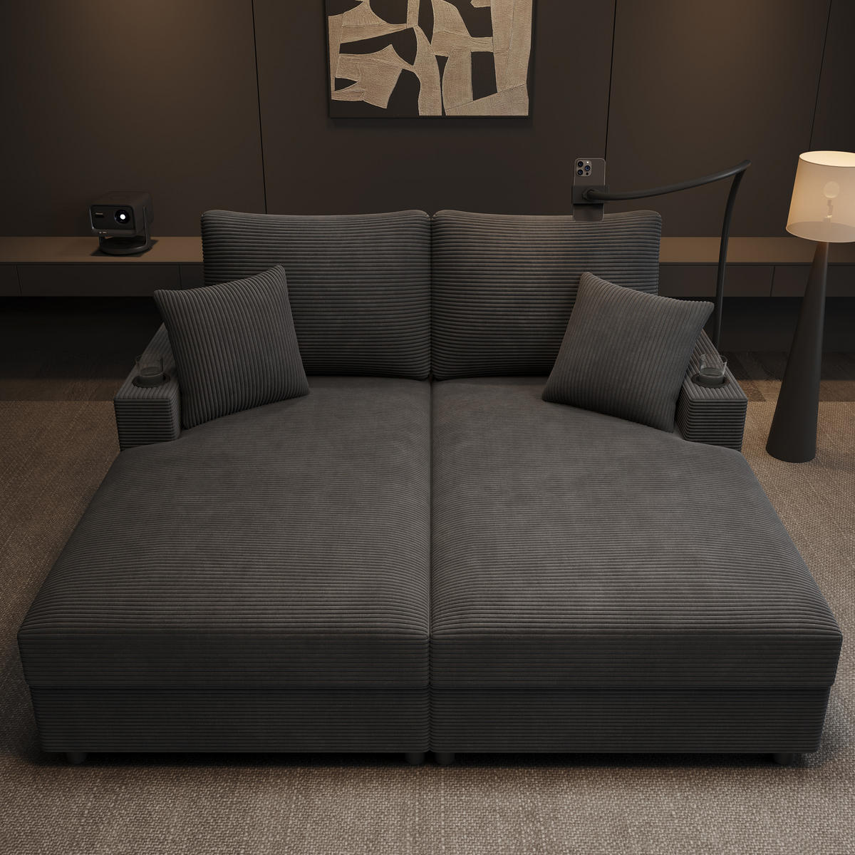 2-SITZER Schlafsofa Cord mit USB-Anschluss und Getränkehaltern Grau 163/140/82 cm - Grau, Textil (140/82/163cm) - Redom