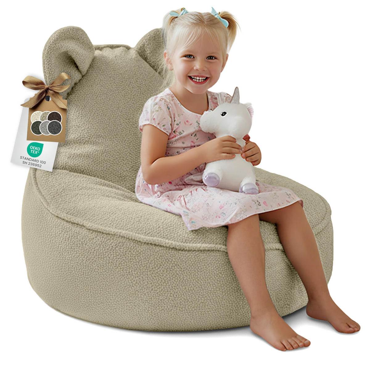 SITZSACK FÜR KINDER Maus 75/75/55 cm, weicher Bouclé 315 g/m², abnehmbarer Bezug, Toasted Almond - Beige, Textil (75/55/75cm) - Dreamroots