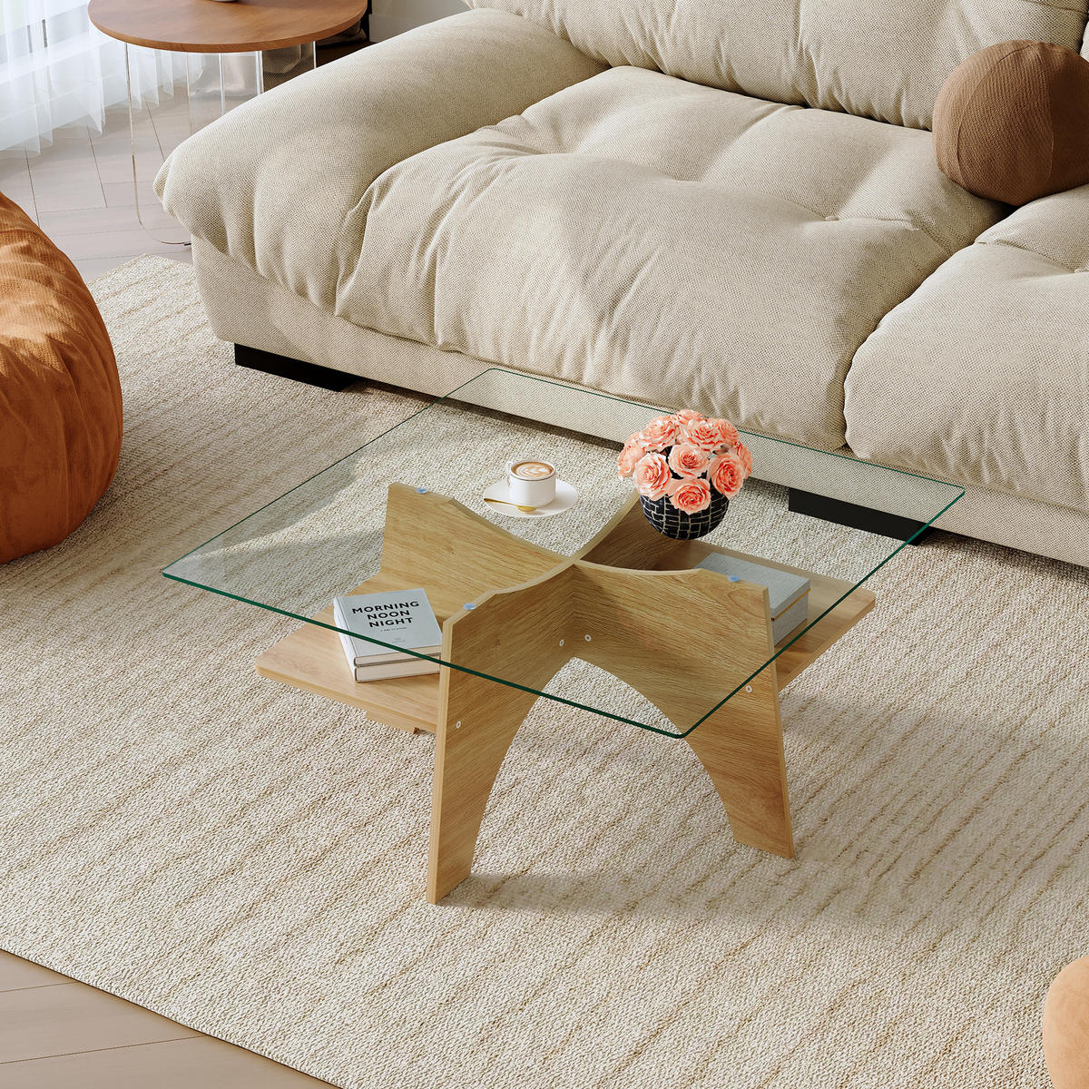 KLUBSKA miza 80/80/40 cm, MDF in varnostno steklo, prosojna/rjava - prozorna, steklo (80/80/40cm) - BEAOK