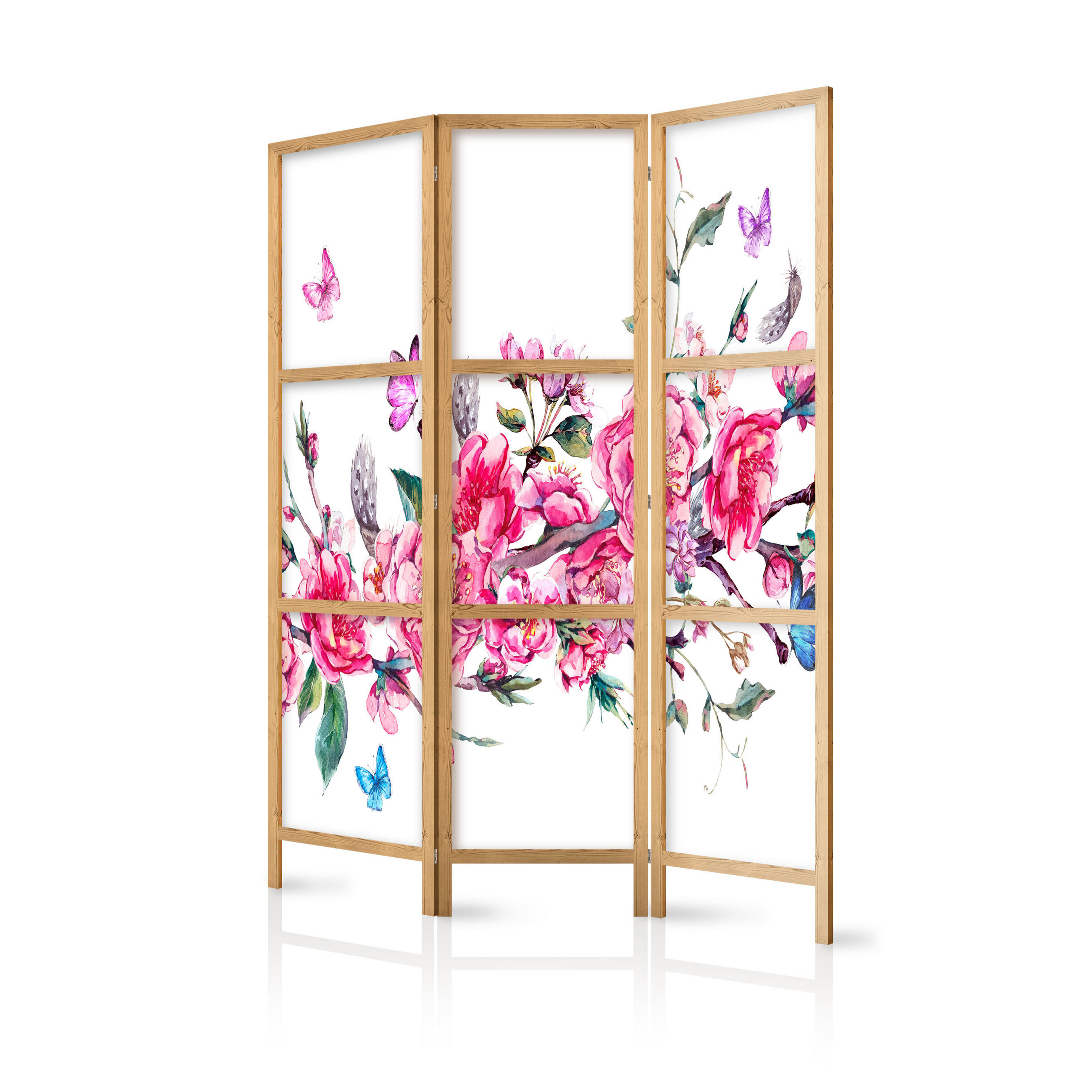 PARAVENT Japanischer 3-tlg 135x172 cm Bunte Blumen - Rosa, Holz/Textil (135/172/3cm) - Muralo